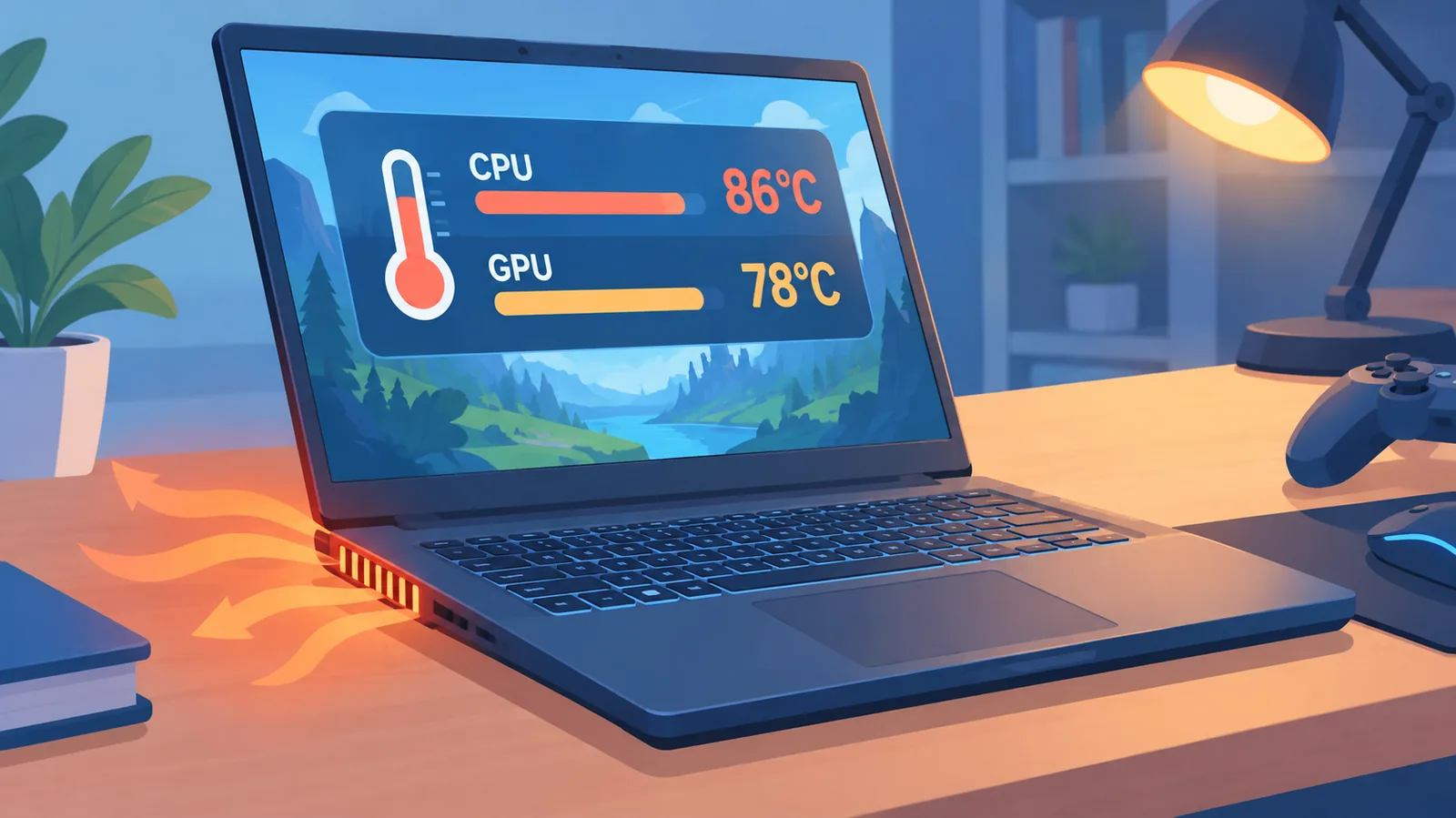 Laptop gaming dengan tampilan suhu tinggi saat bermain