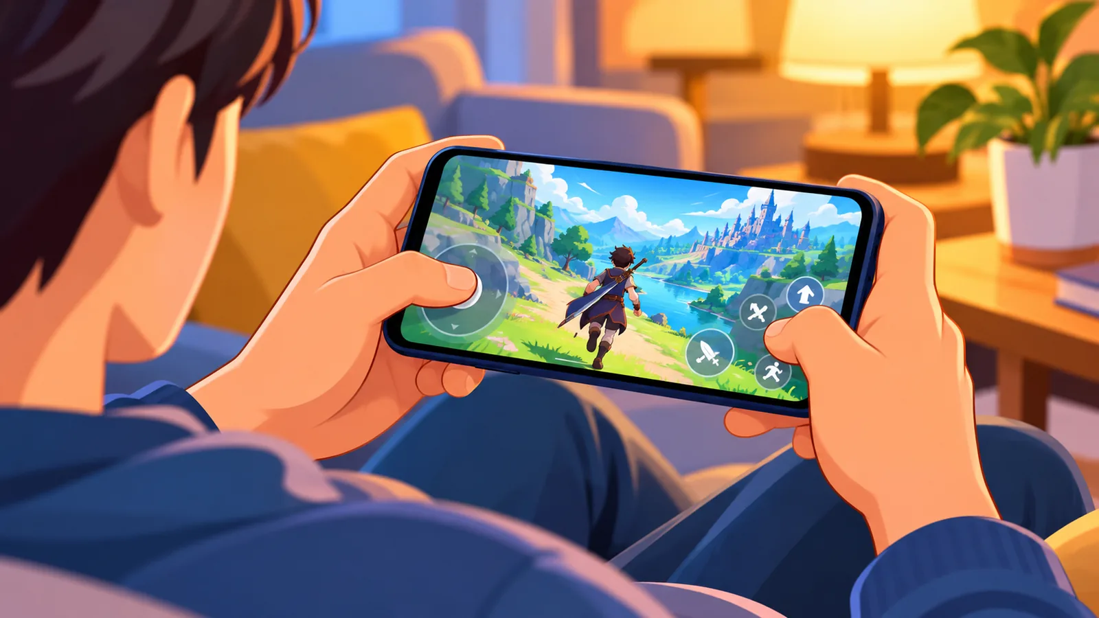 Orang bermain game cloud di ponsel Android dengan kontrol sentuh