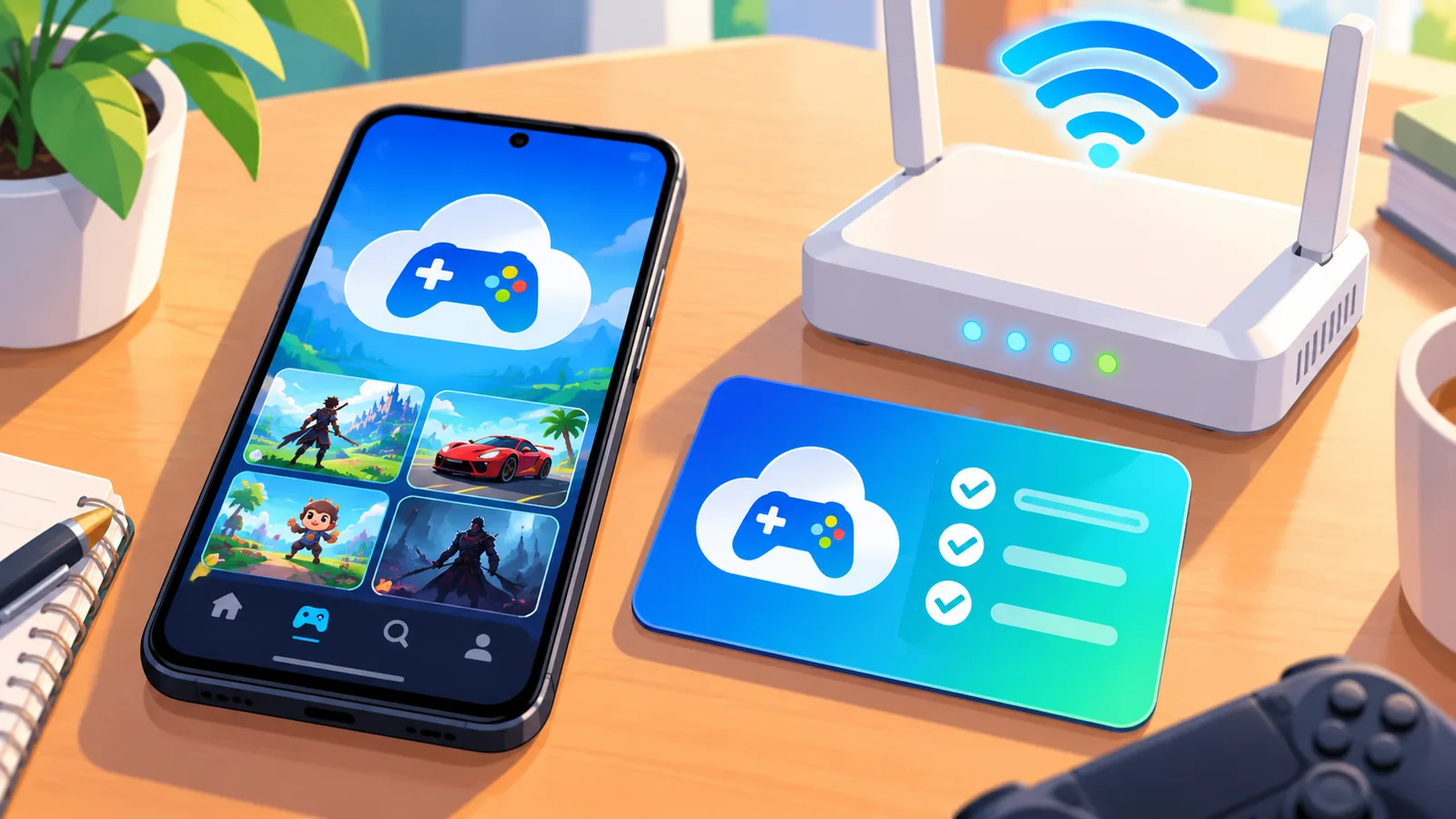 Ponsel Android, kartu langganan, dan router Wi-Fi di atas meja