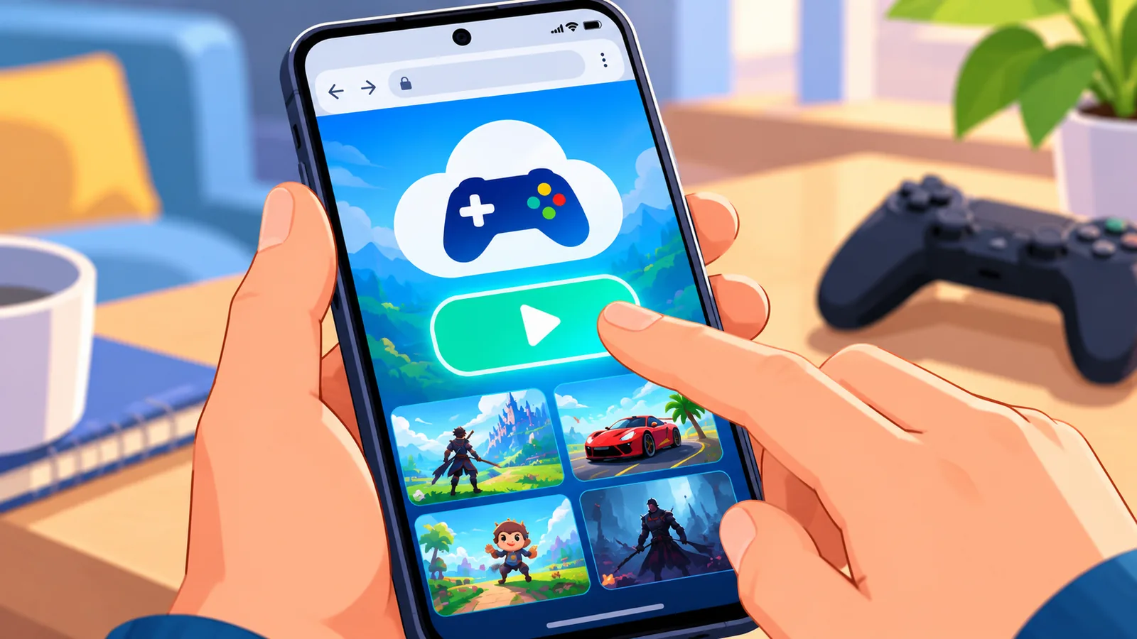 Layar ponsel menampilkan halaman peluncuran game cloud