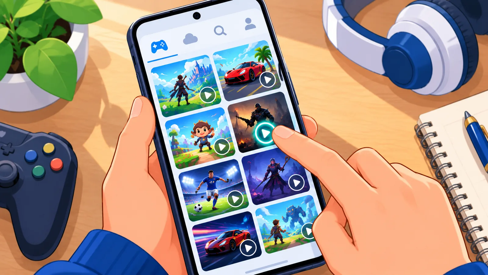 Galeri game di ponsel dengan ikon sentuh pada gambar mini