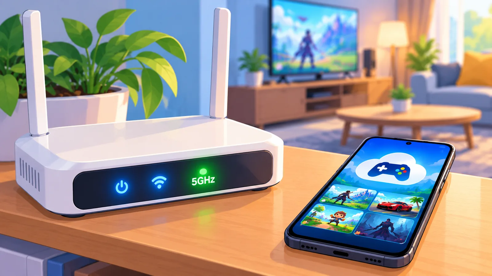 Router Wi-Fi 5GHz di samping ponsel di ruang tamu