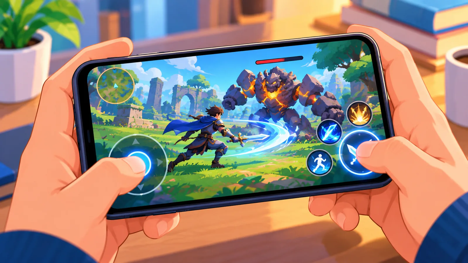 Jempol menekan tombol virtual di layar ponsel saat bermain game