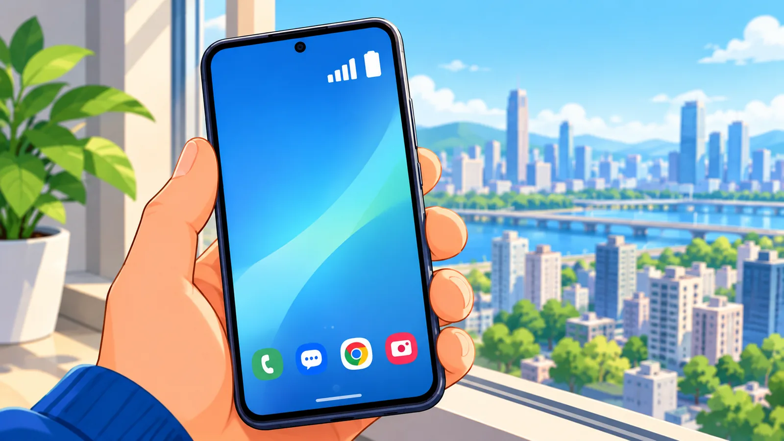 Indikator sinyal data seluler pada ponsel di dekat jendela
