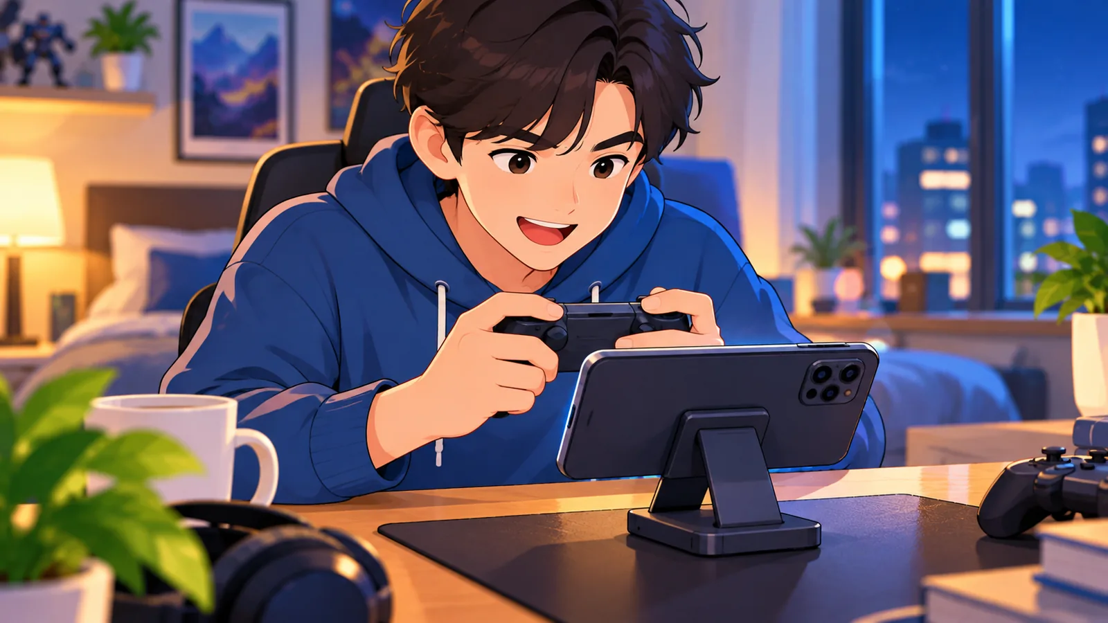 Pemain tersenyum bermain game di ponsel yang disandarkan pada dudukan