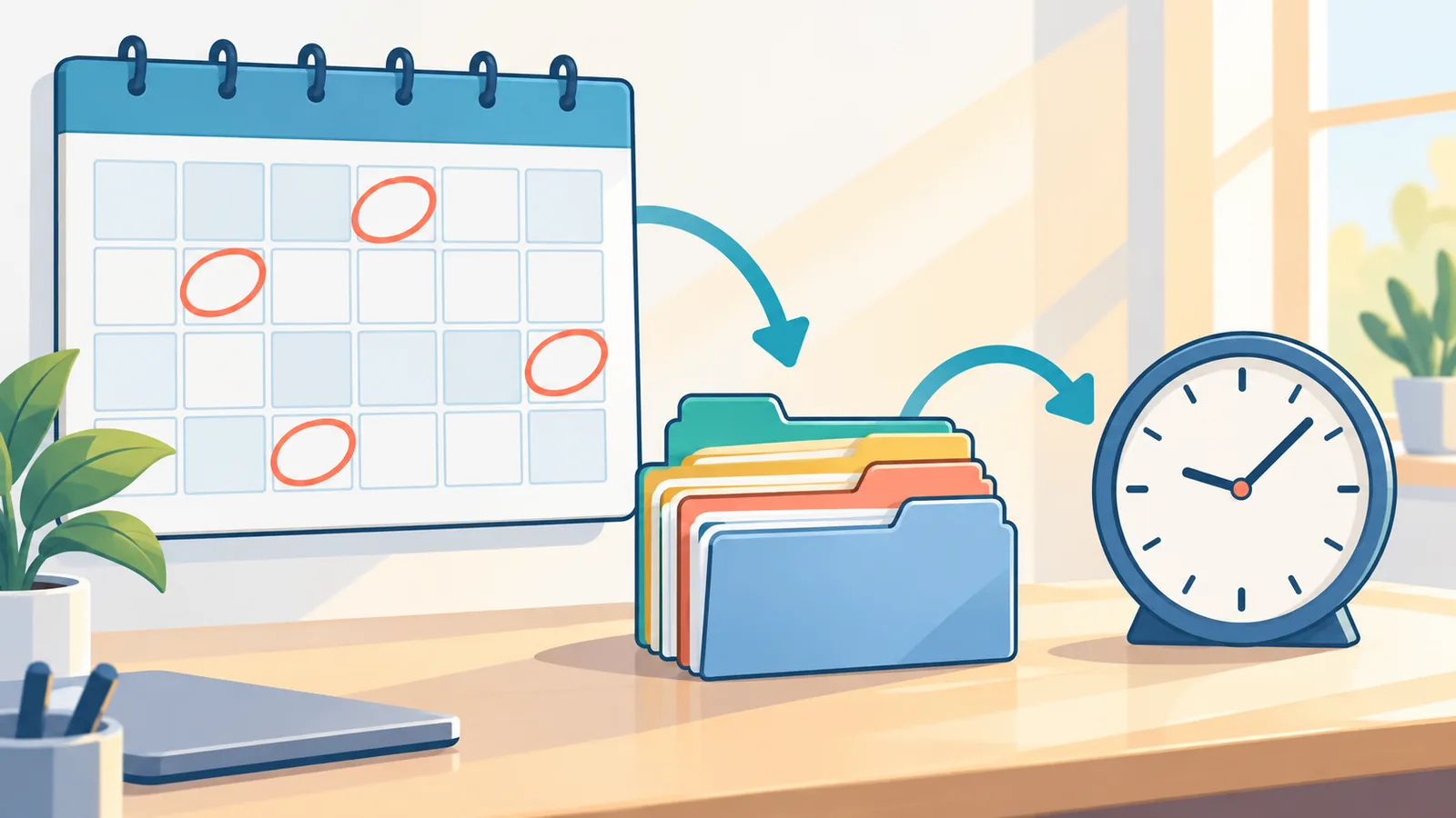 Kalender dinding dengan tanggal dilingkari di dekat tumpukan map klaim