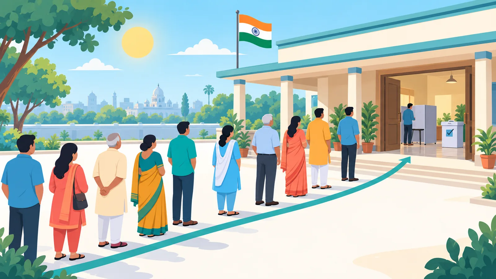 Warga mengantre dengan tertib di tempat pemungutan suara di India