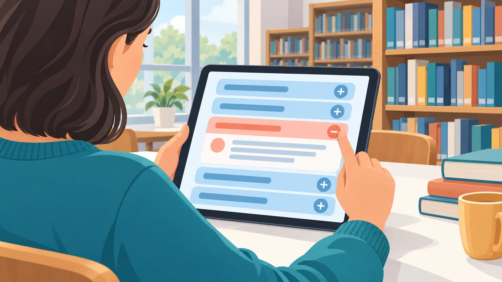 Pembaca mencari jawaban pertanyaan umum di tablet
