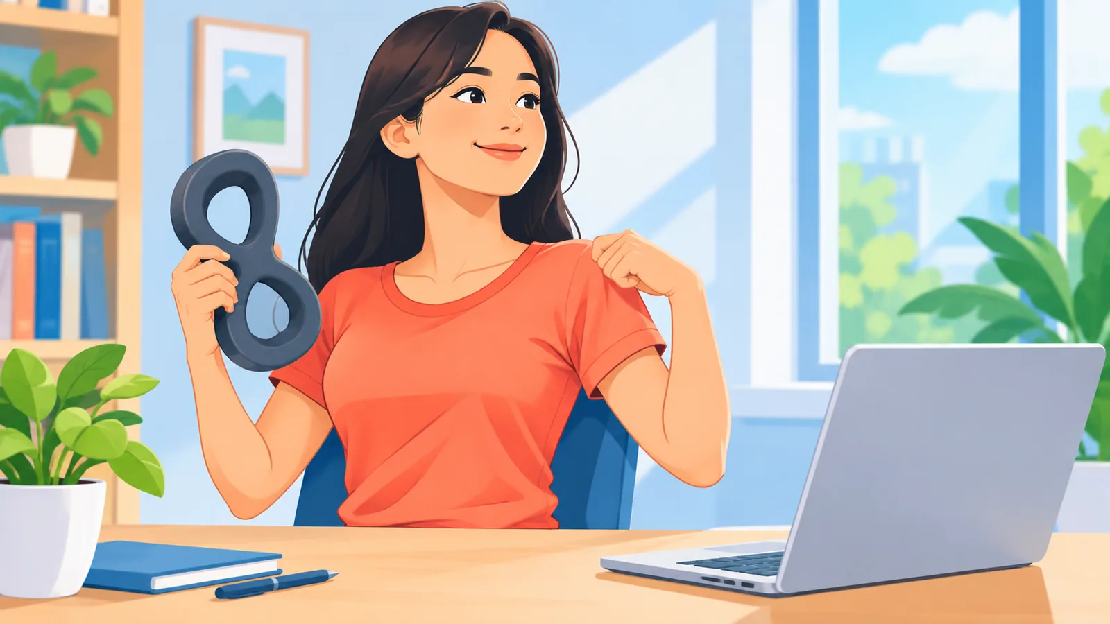 Perempuan duduk di meja kerja sambil memegang penyangga postur