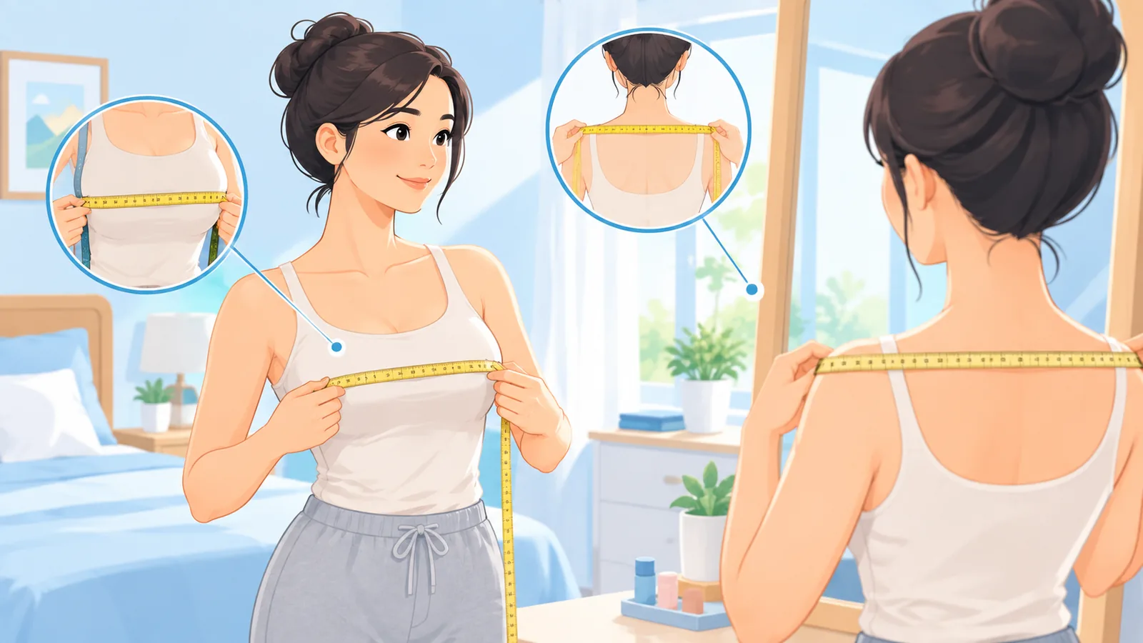 Perempuan mengukur lingkar dada dan lebar bahu di depan cermin