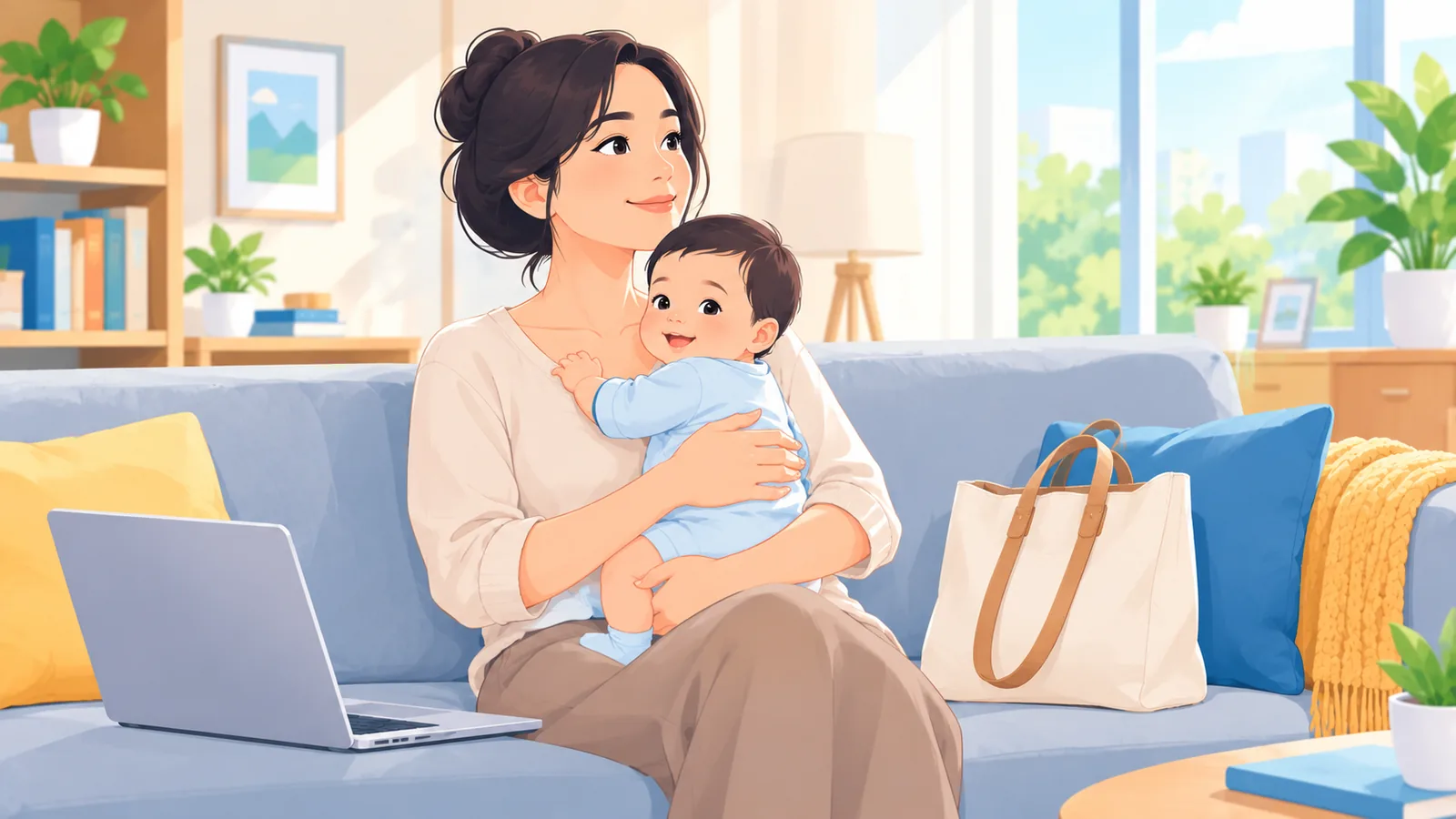 Ibu menggendong bayi dengan postur tegak di ruang tamu