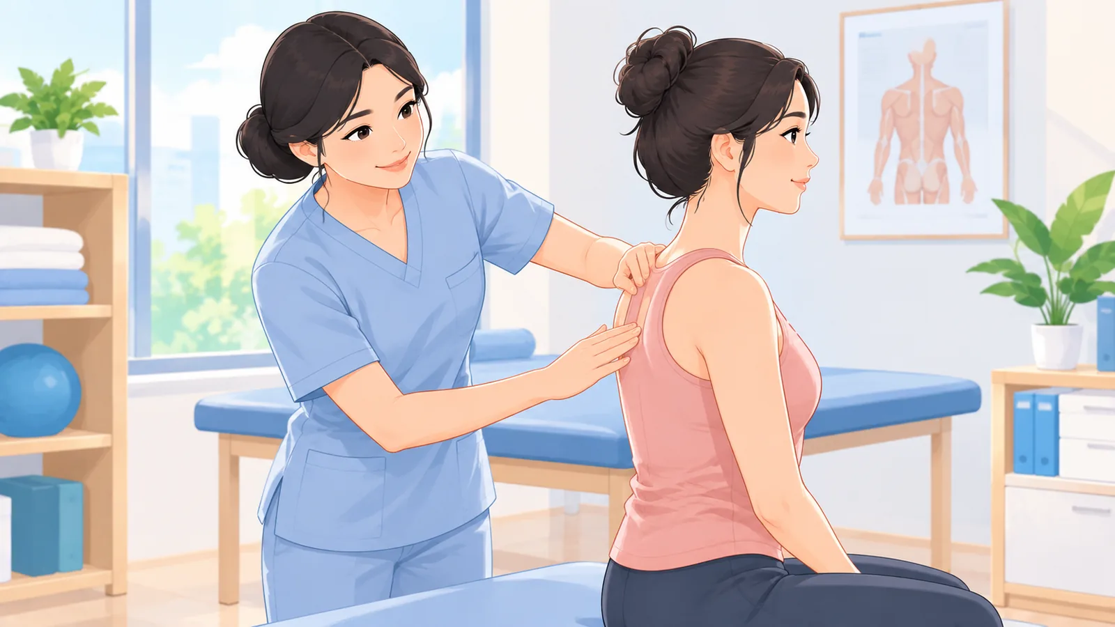 Fisioterapis memeriksa postur punggung atas pasien perempuan