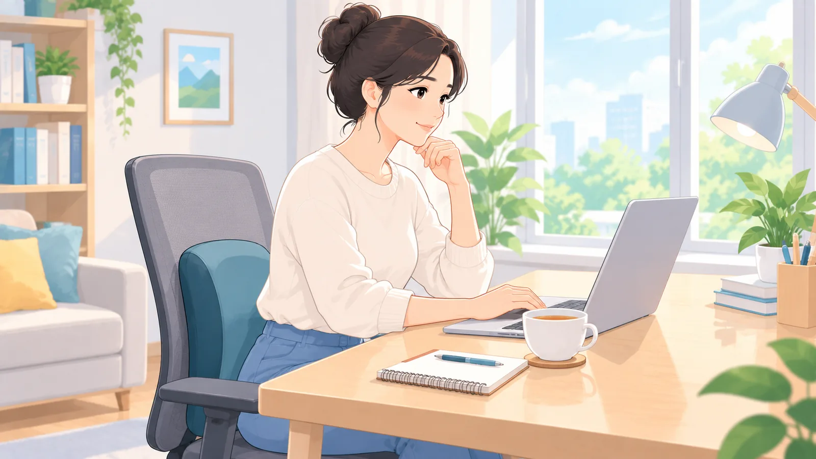 Perempuan duduk dengan bantalan punggung ergonomis di meja kerja