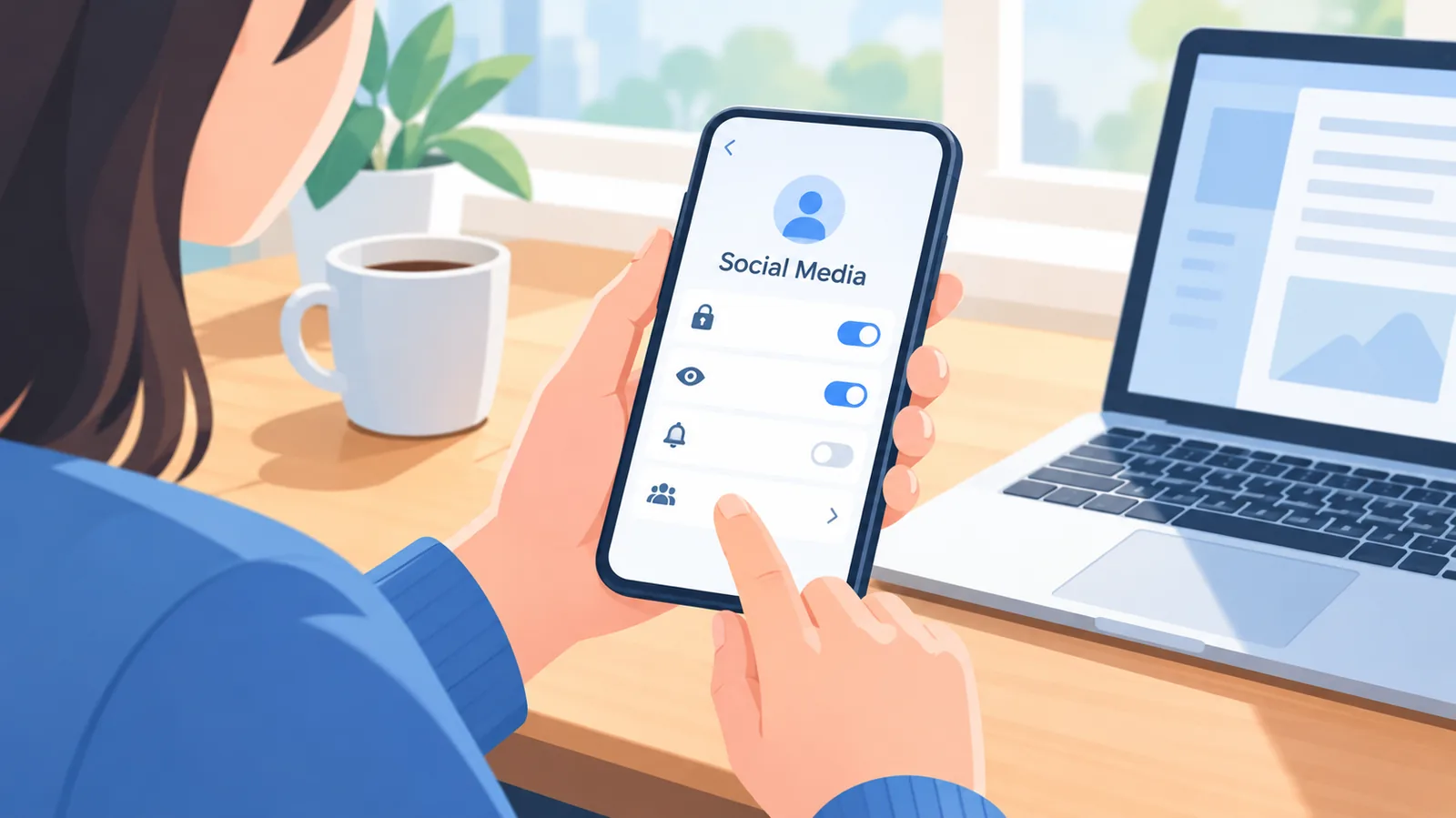 Orang memegang ponsel dengan layar pengaturan media sosial di meja kerja