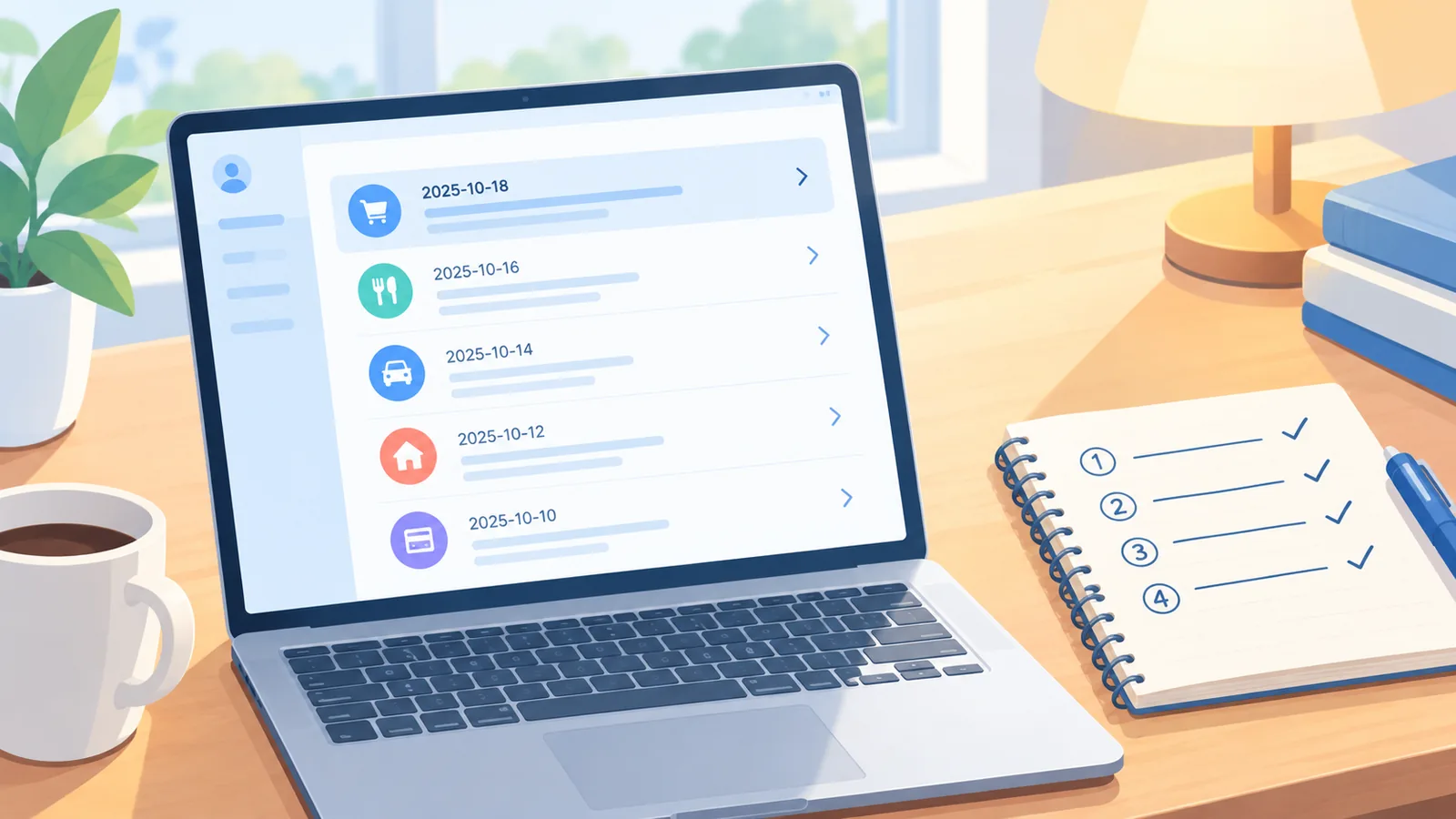 Laptop menampilkan daftar aktivitas akun dengan catatan langkah di samping