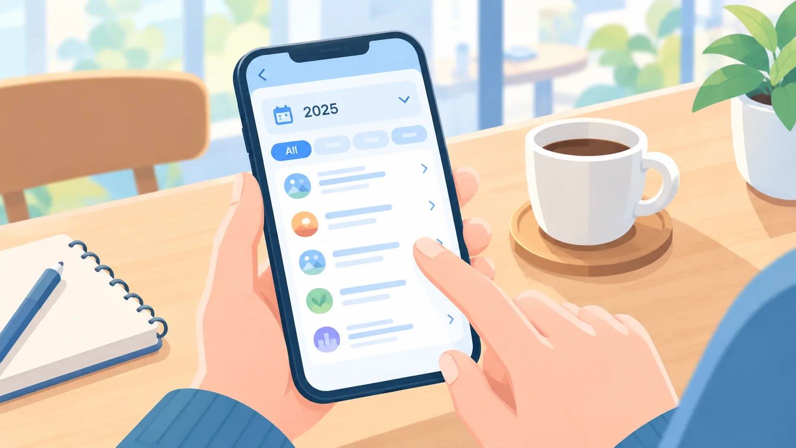 Layar ponsel dengan pilihan tahun dan filter jenis aktivitas