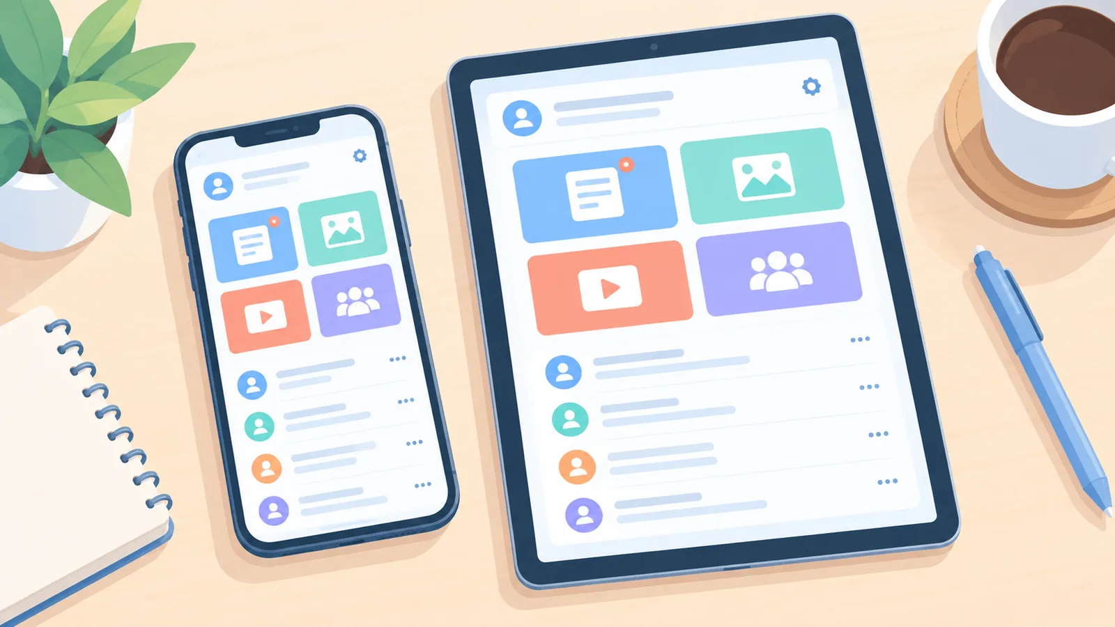 Ponsel dan tablet dengan ikon postingan, foto, video, dan teman