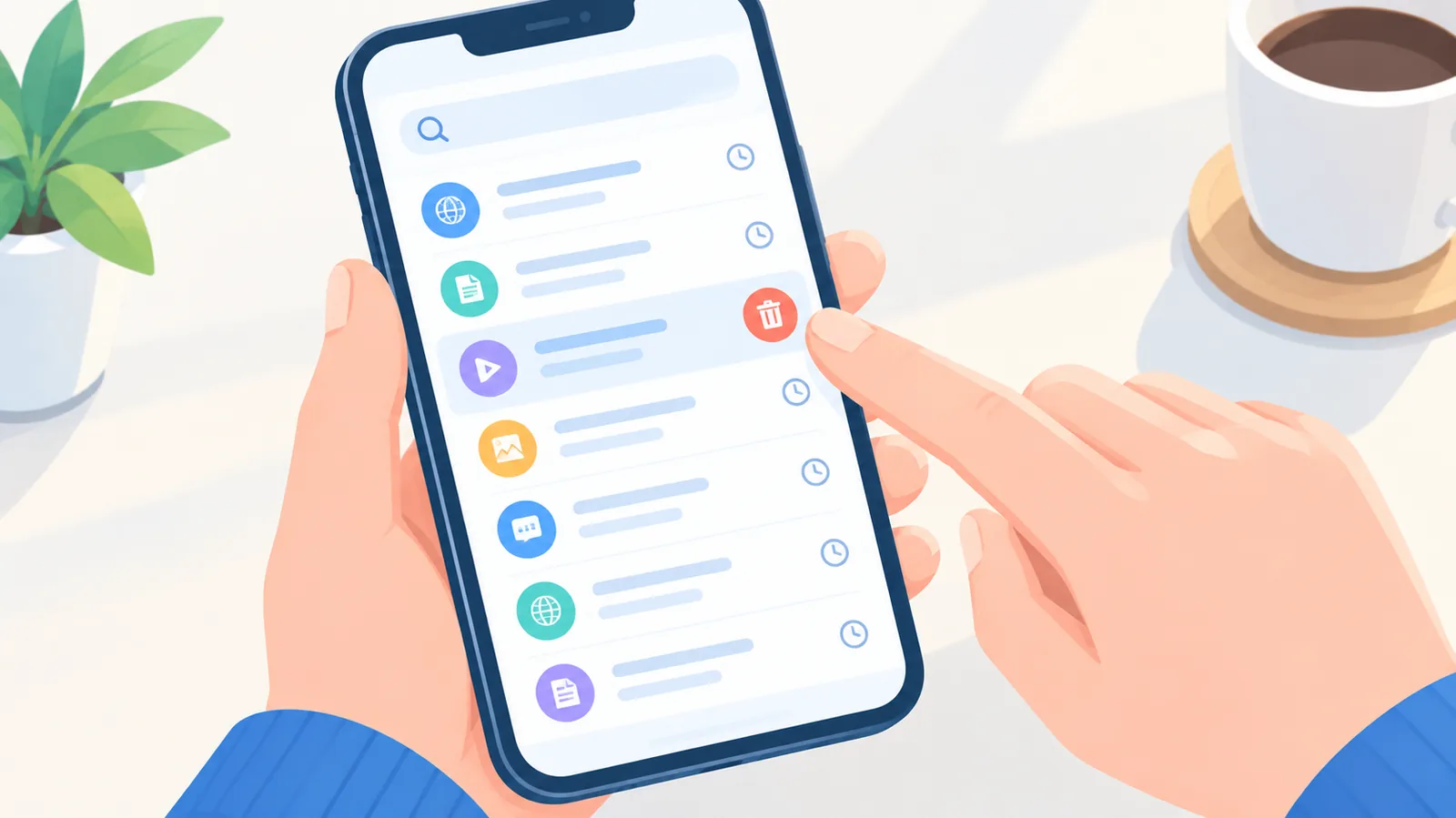 Layar ponsel menampilkan daftar riwayat pencarian dengan ikon hapus