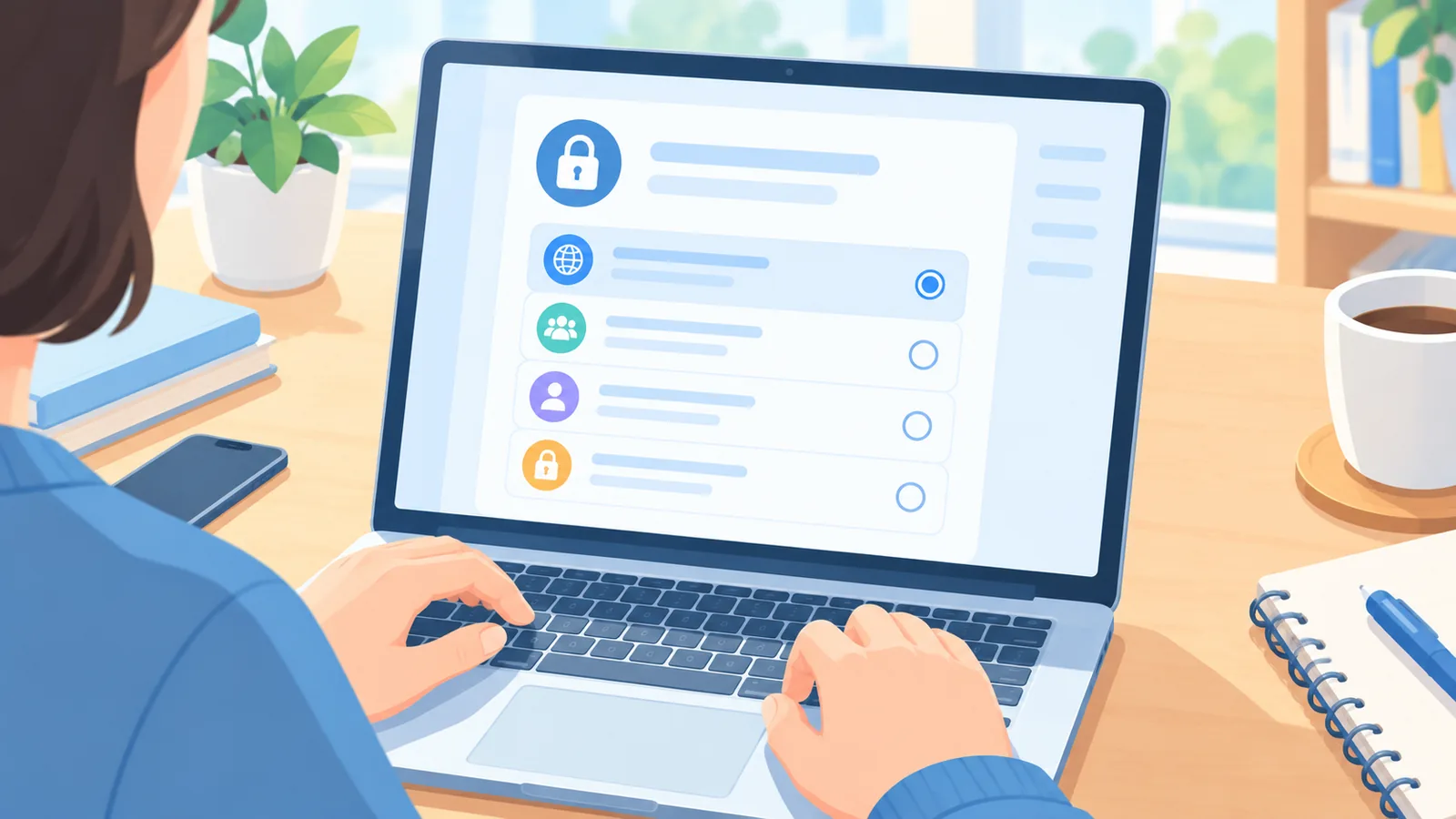 Laptop menampilkan panel pengaturan privasi dengan ikon gembok