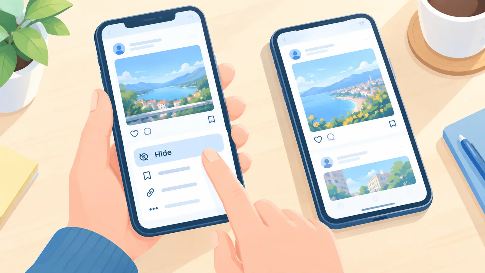 Dua perangkat menampilkan postingan foto dengan menu sembunyikan