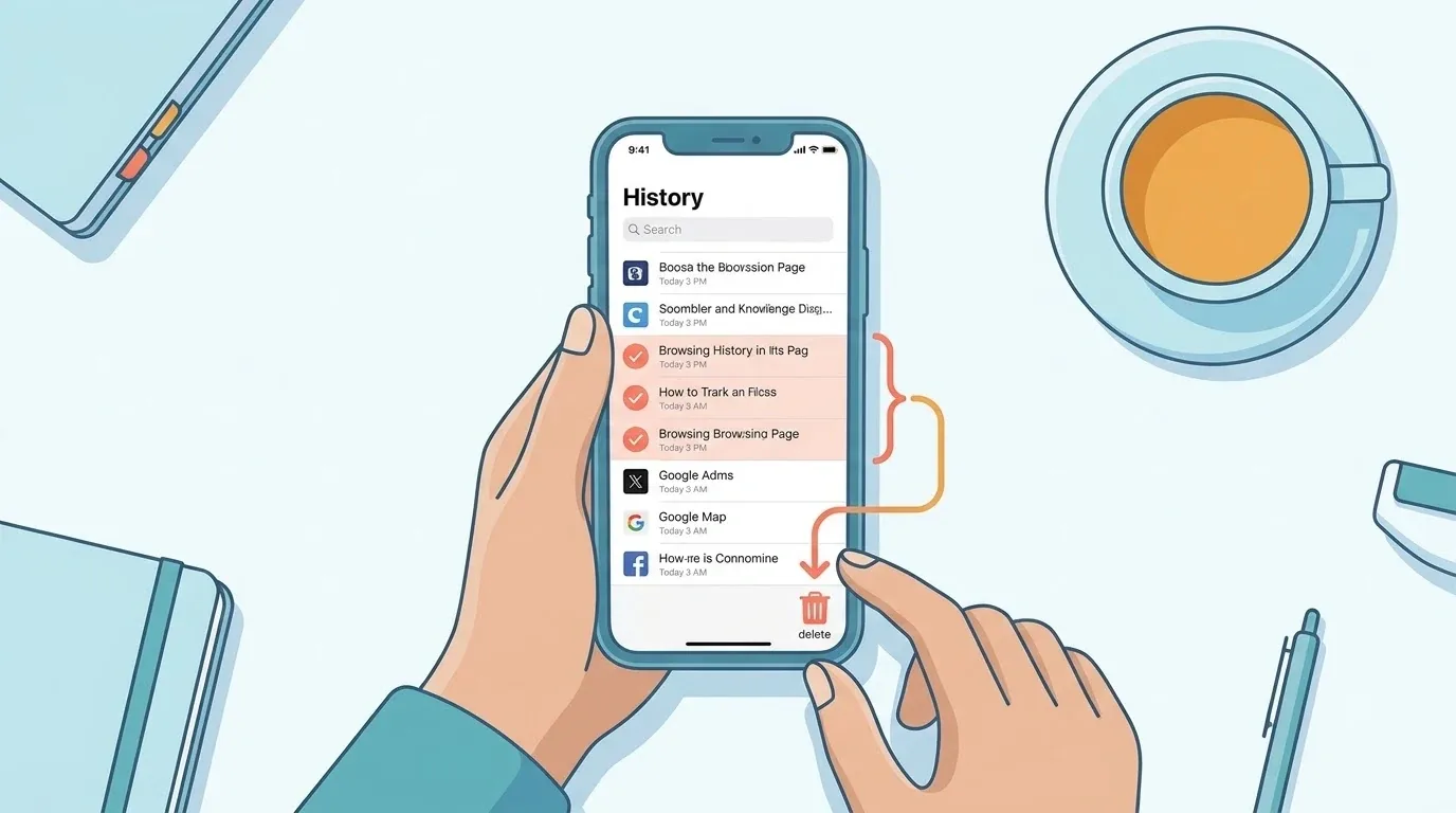 Jempol menekan lama tombol Kembali di Safari iPhone