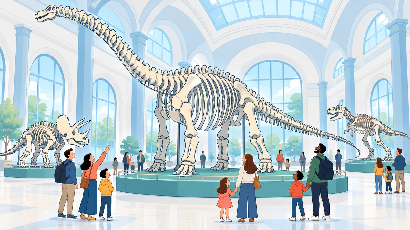 Aula kerangka dinosaurus dengan keluarga yang menengadah
