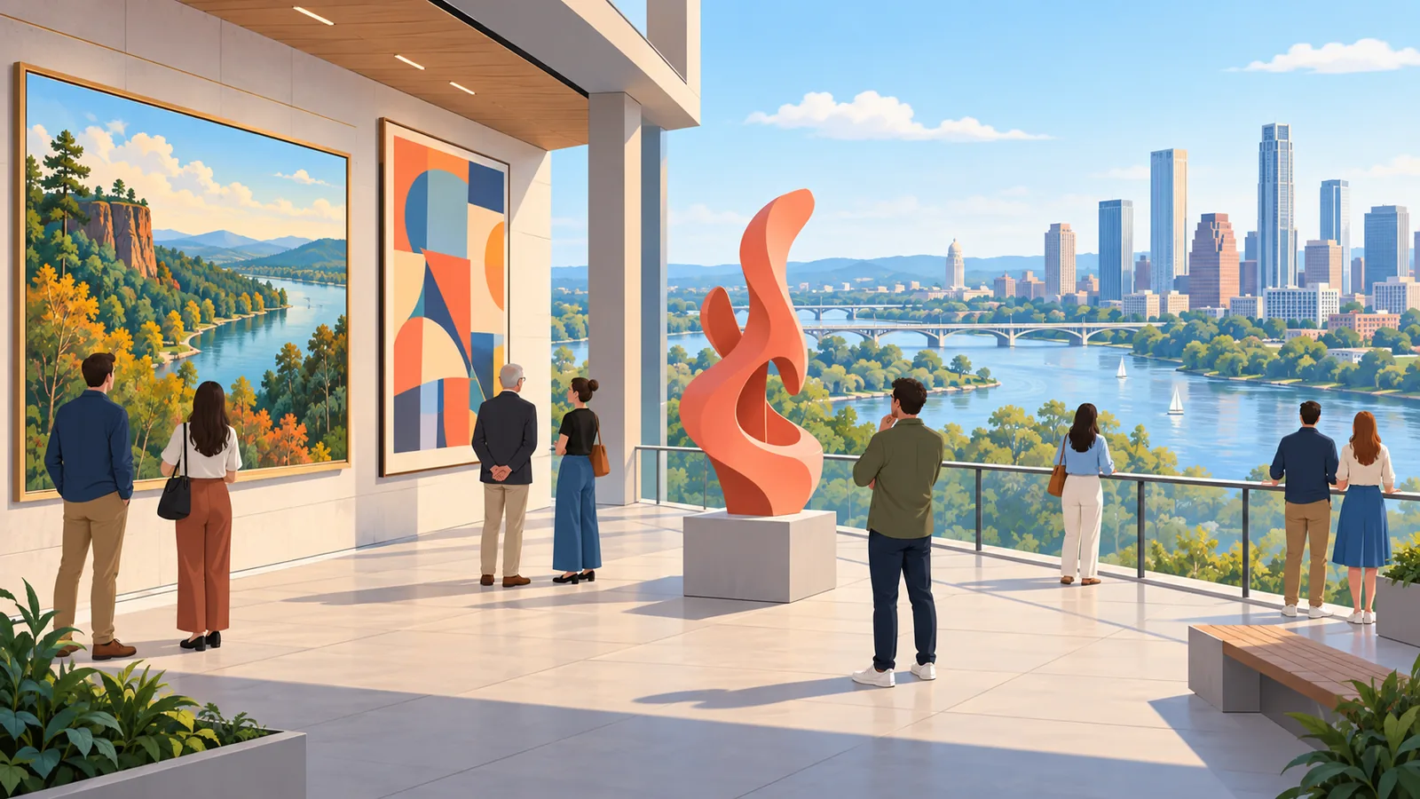 Teras museum modern dengan pemandangan kota dan sungai, pengunjung menikmati seni Amerika