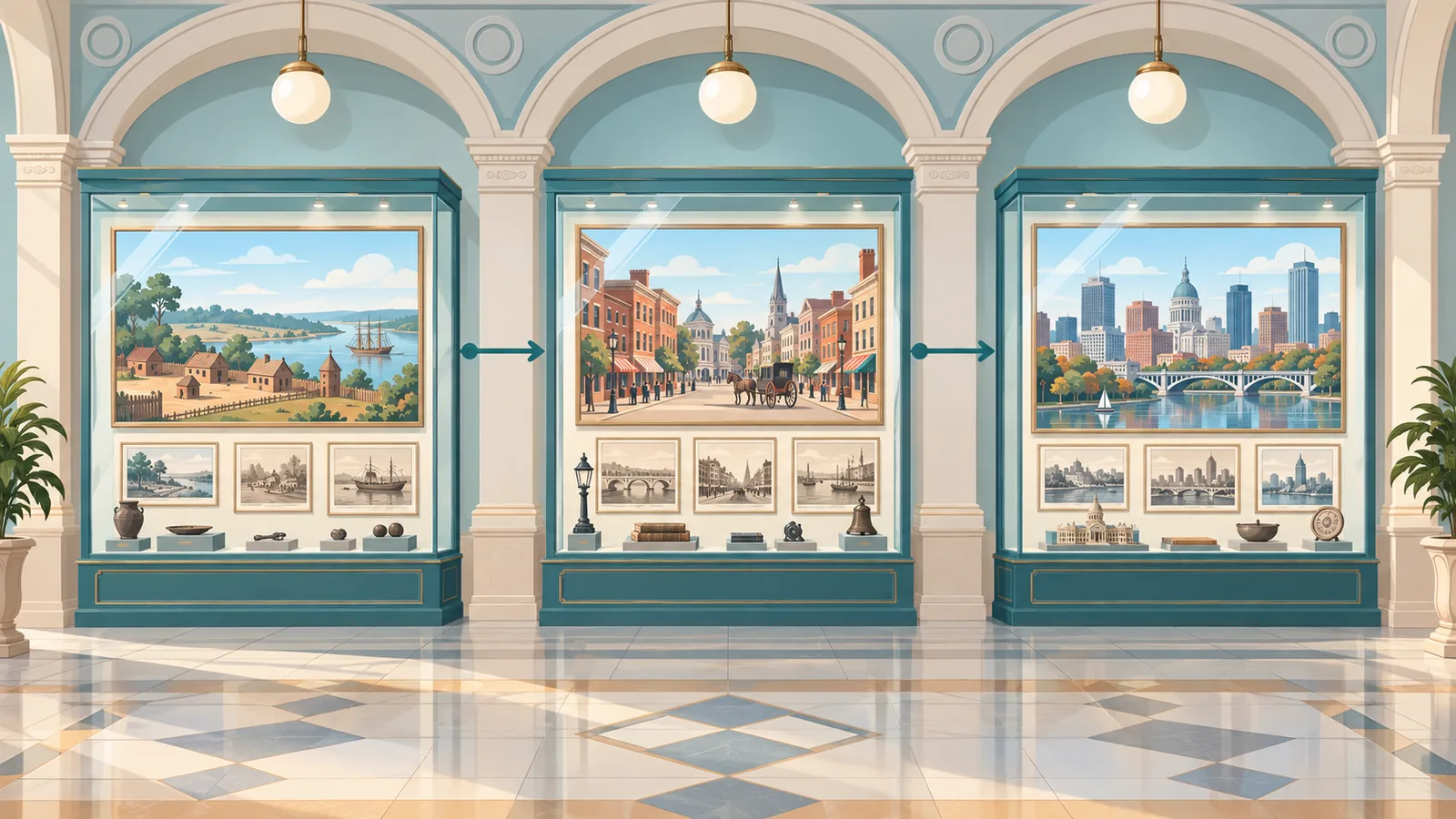 Interior bangunan bersejarah dengan pameran sejarah kota dan foto lama di balik kaca
