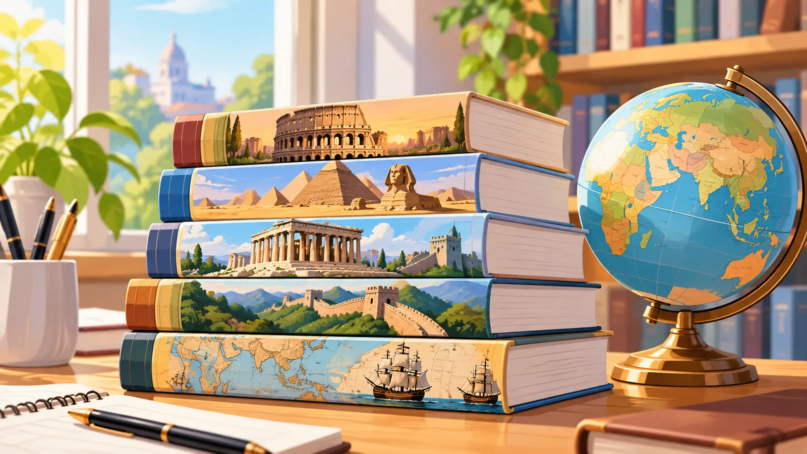 Tumpukan buku sejarah dunia di samping globe mini