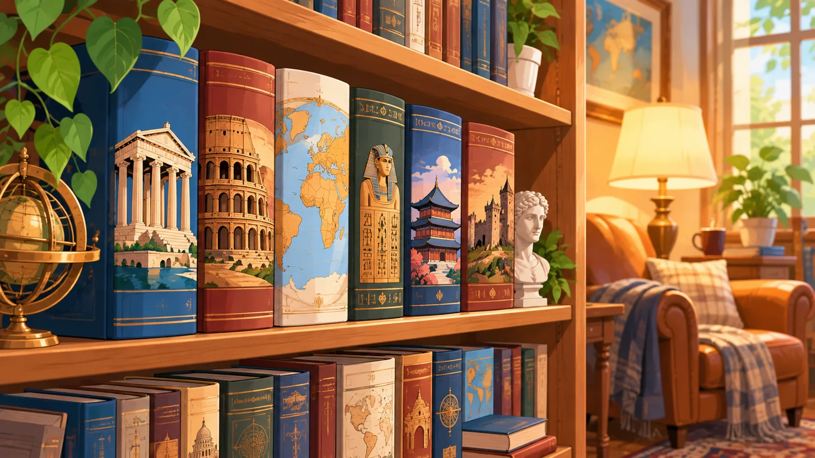 Rak perpustakaan rumah berisi buku sejarah tebal
