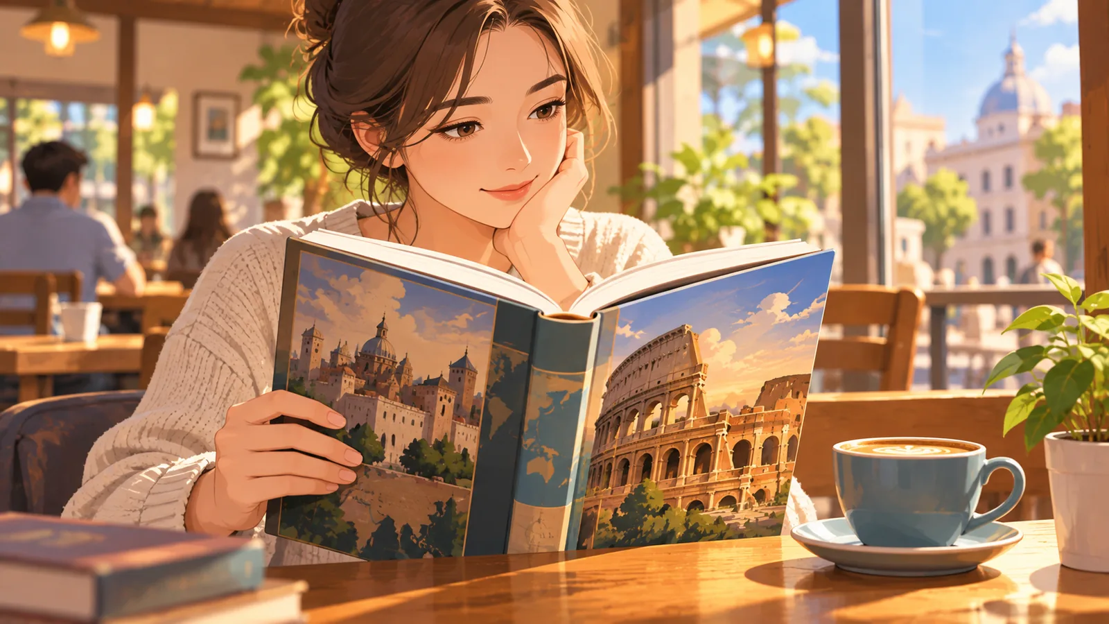 Pembaca menikmati buku sejarah populer di kafe