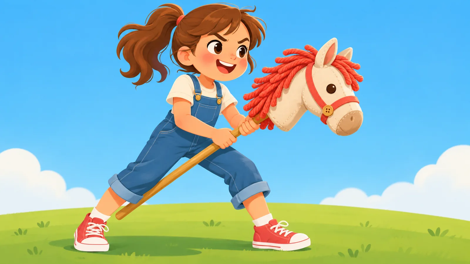 Anak bersepatu olahraga memegang hobby horse buatan sendiri di halaman belakang