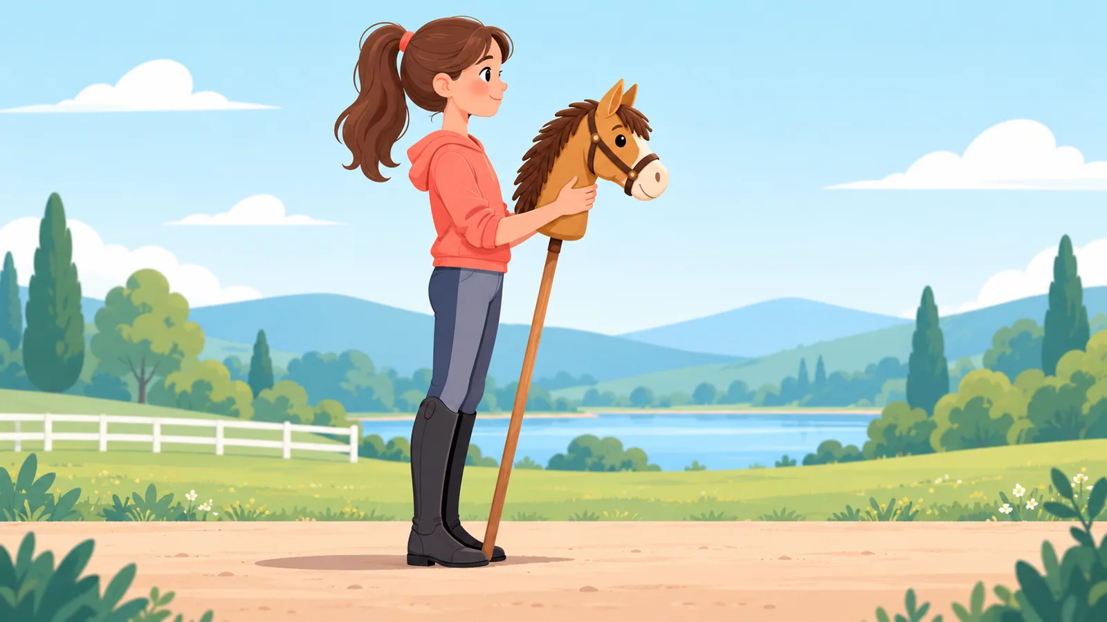 Pemain muda berdiri tegak sambil memegang hobby horse dilihat dari samping