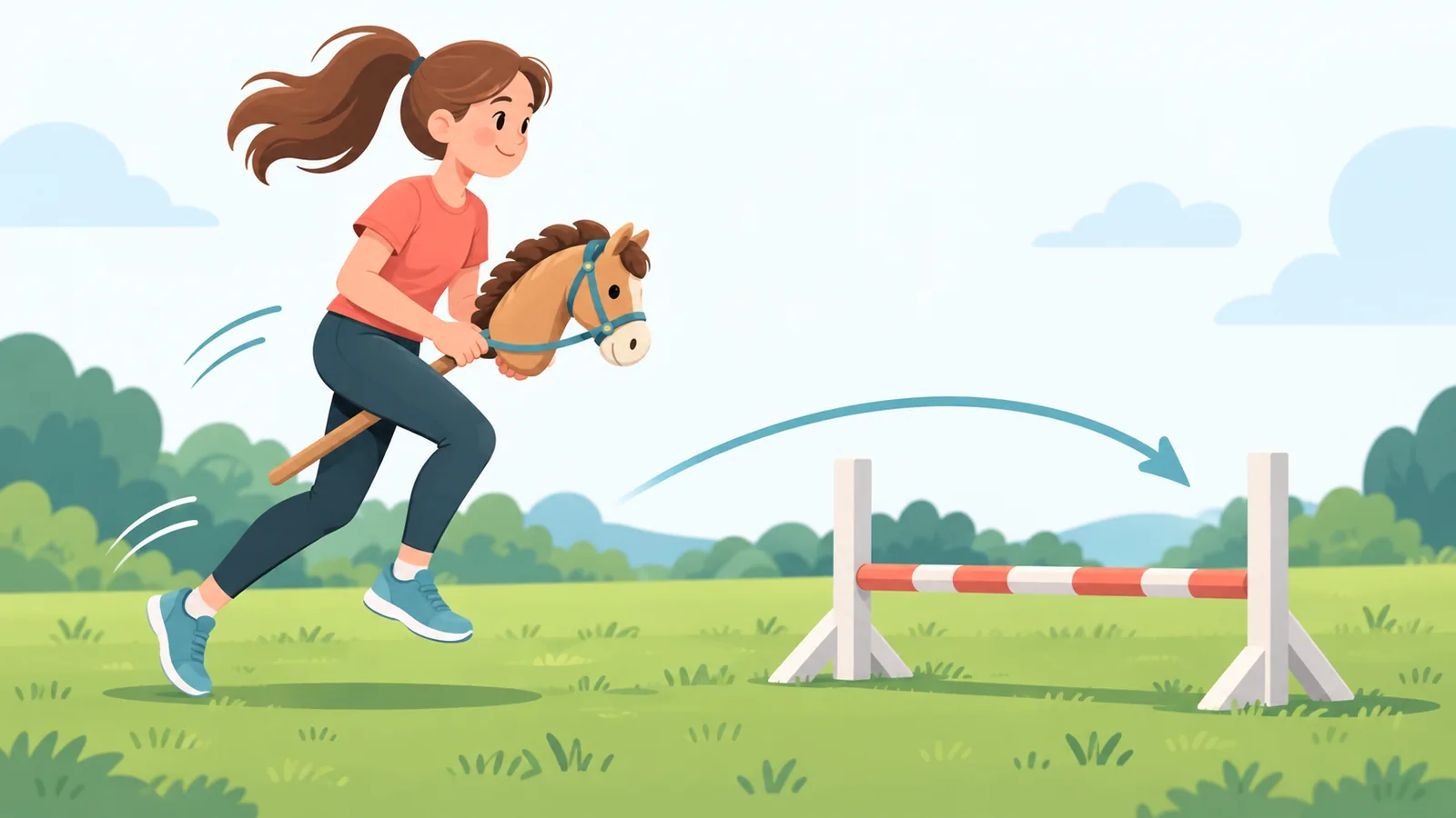 Orang berlari galop menuju rintangan rendah dengan hobby horse di atas rumput
