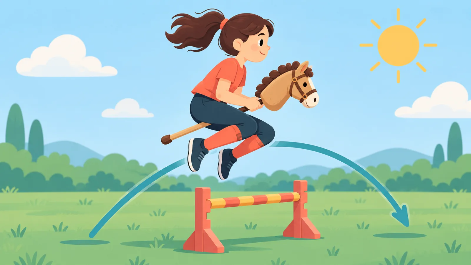 Pemain melayang melewati rintangan rendah dengan hobby horse di antara kaki