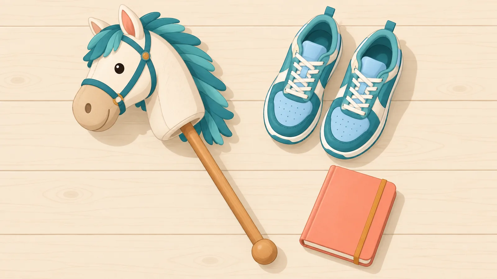 Hobby horse, sepatu olahraga, dan buku catatan kecil tertata di atas meja kayu