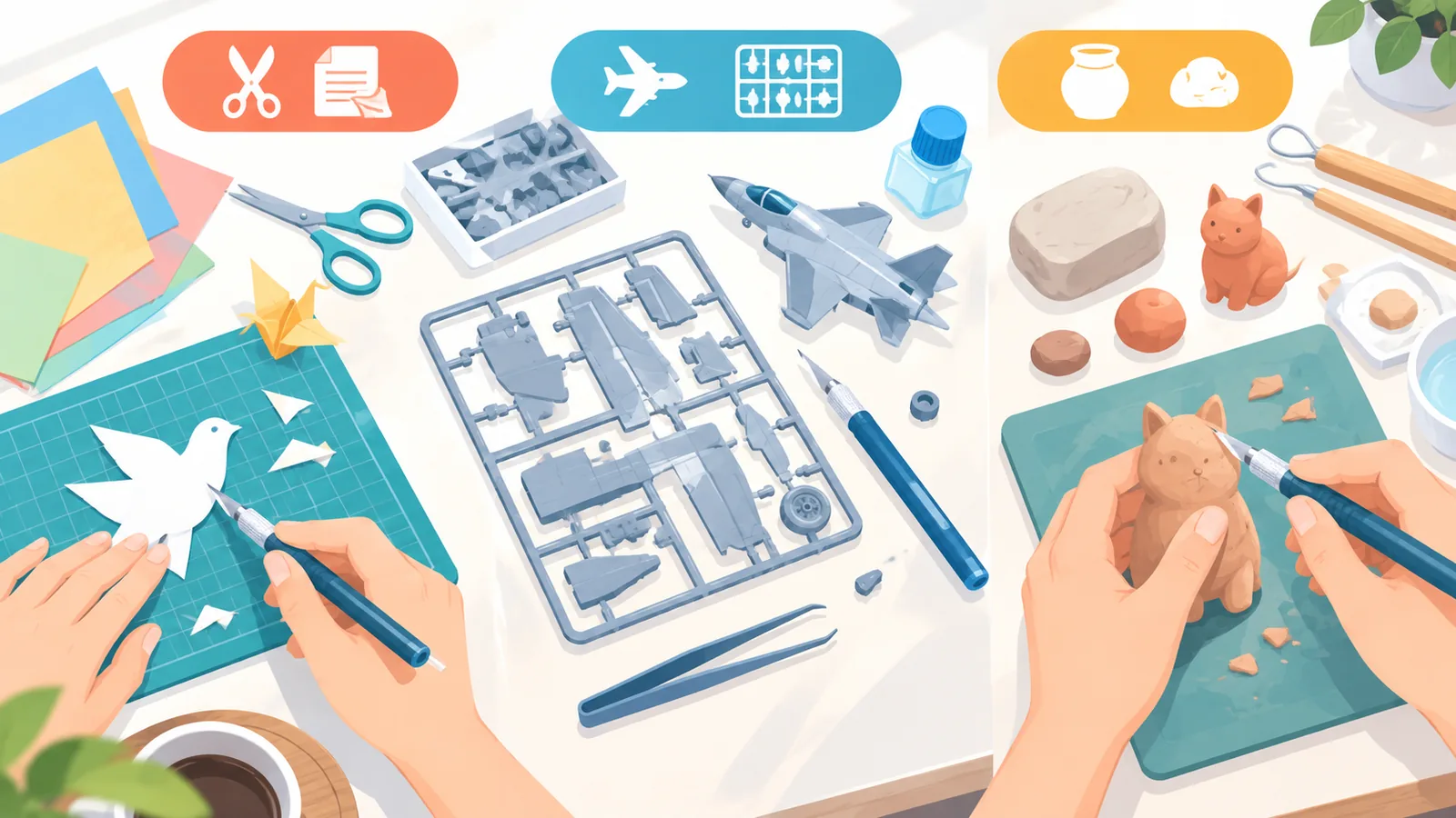 Pembuat model memotong komponen plastik dari sprue dengan pisau hobi