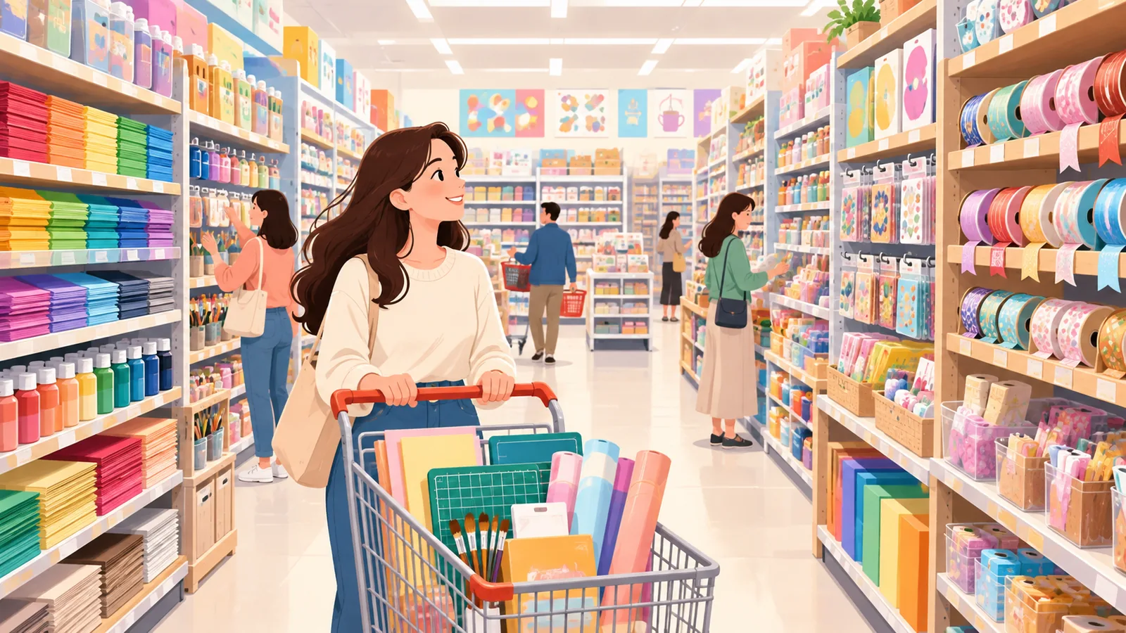 Lorong toko kerajinan besar dengan rak kertas, cat, dan pita
