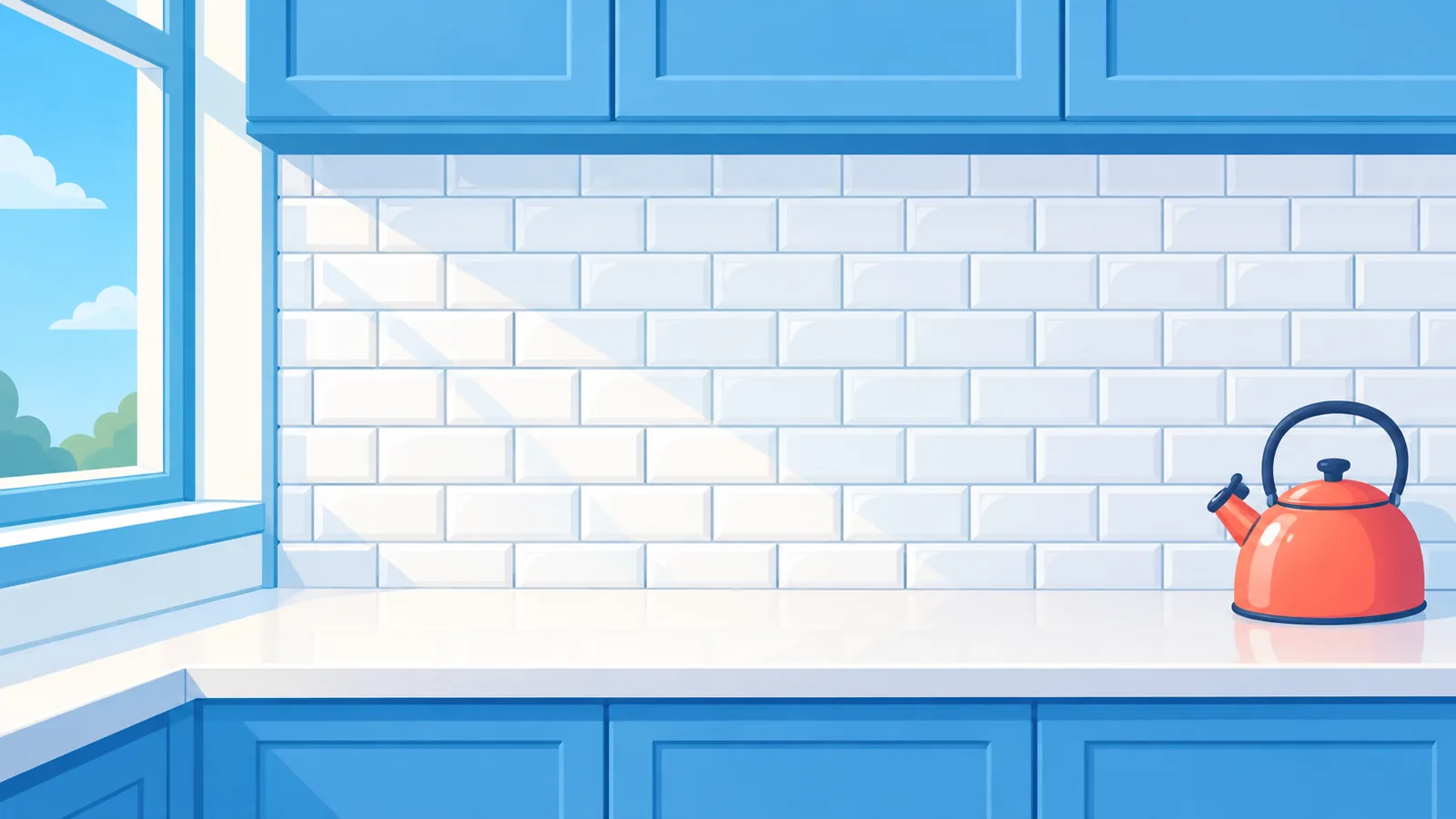 Dapur dengan backsplash keramik yang sudah terpasang rapi