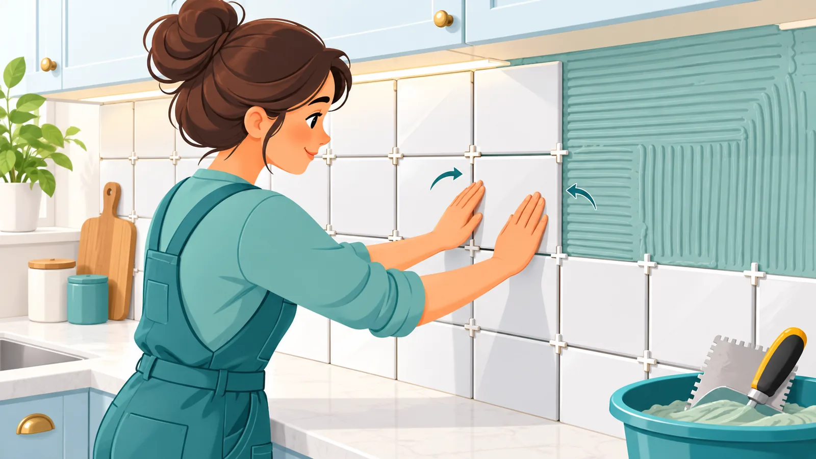 Memasang keramik dengan spacer di dinding dapur