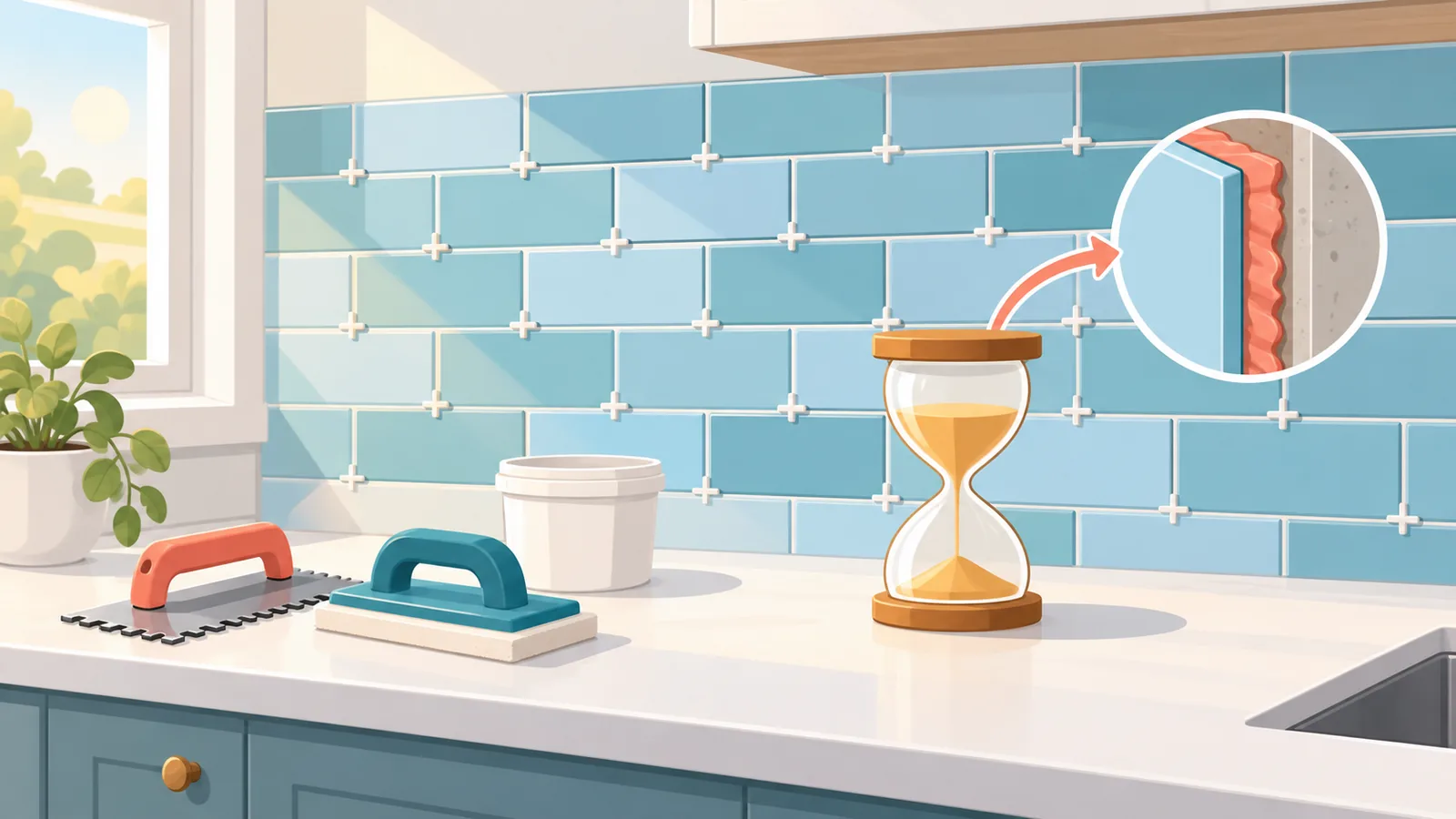 Backsplash yang sedang menunggu perekat mengering