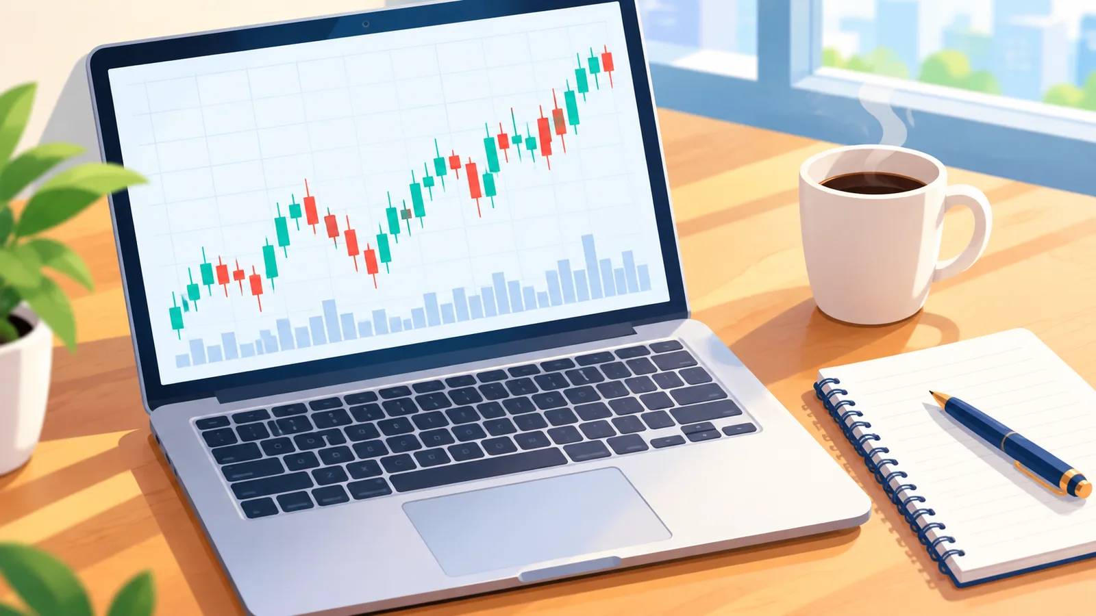 Laptop menampilkan grafik harga saham di meja kerja dengan buku catatan dan secangkir kopi
