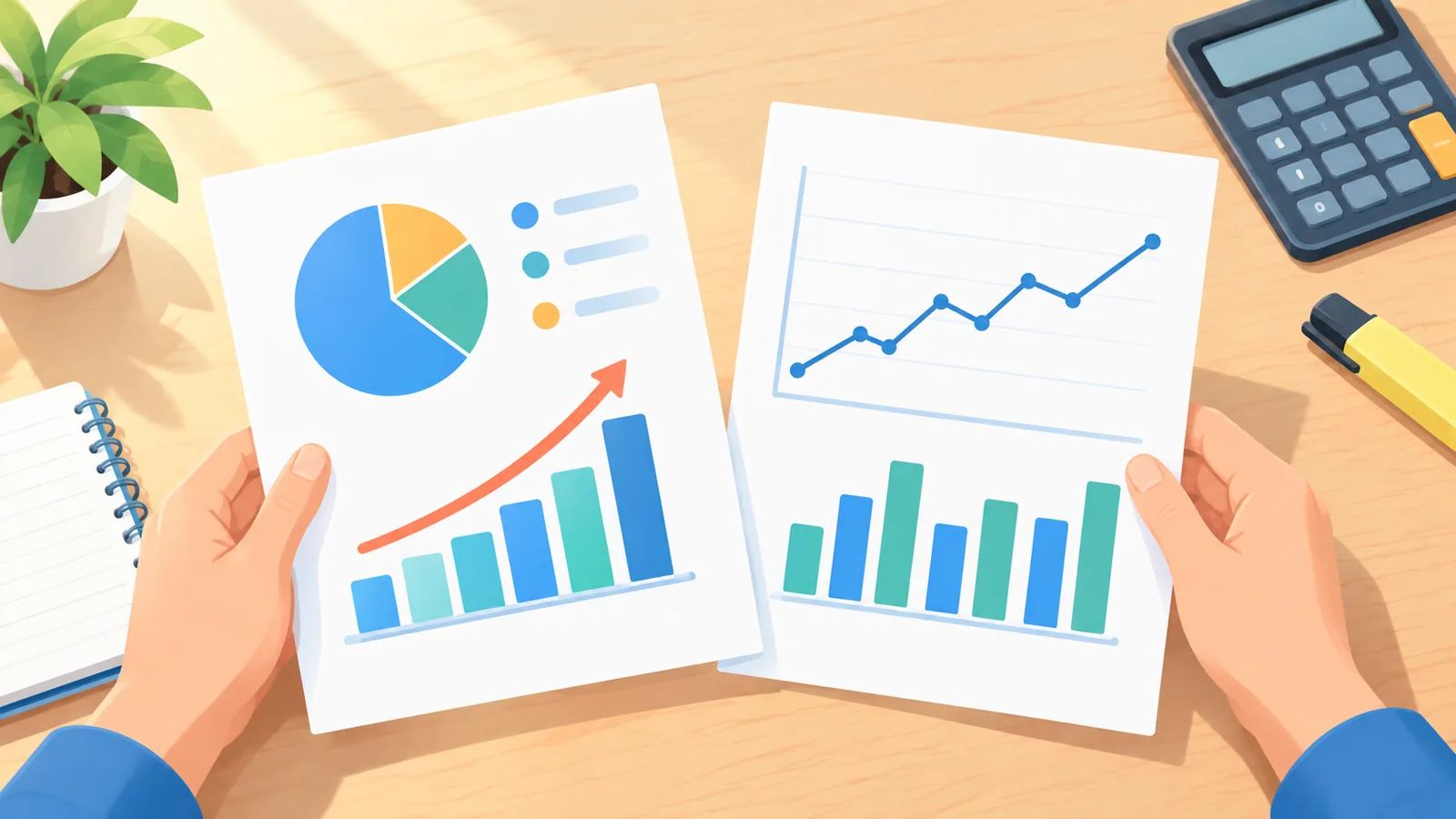 Meja dengan kertas perbandingan dan kalkulator untuk menimbang pilihan investasi