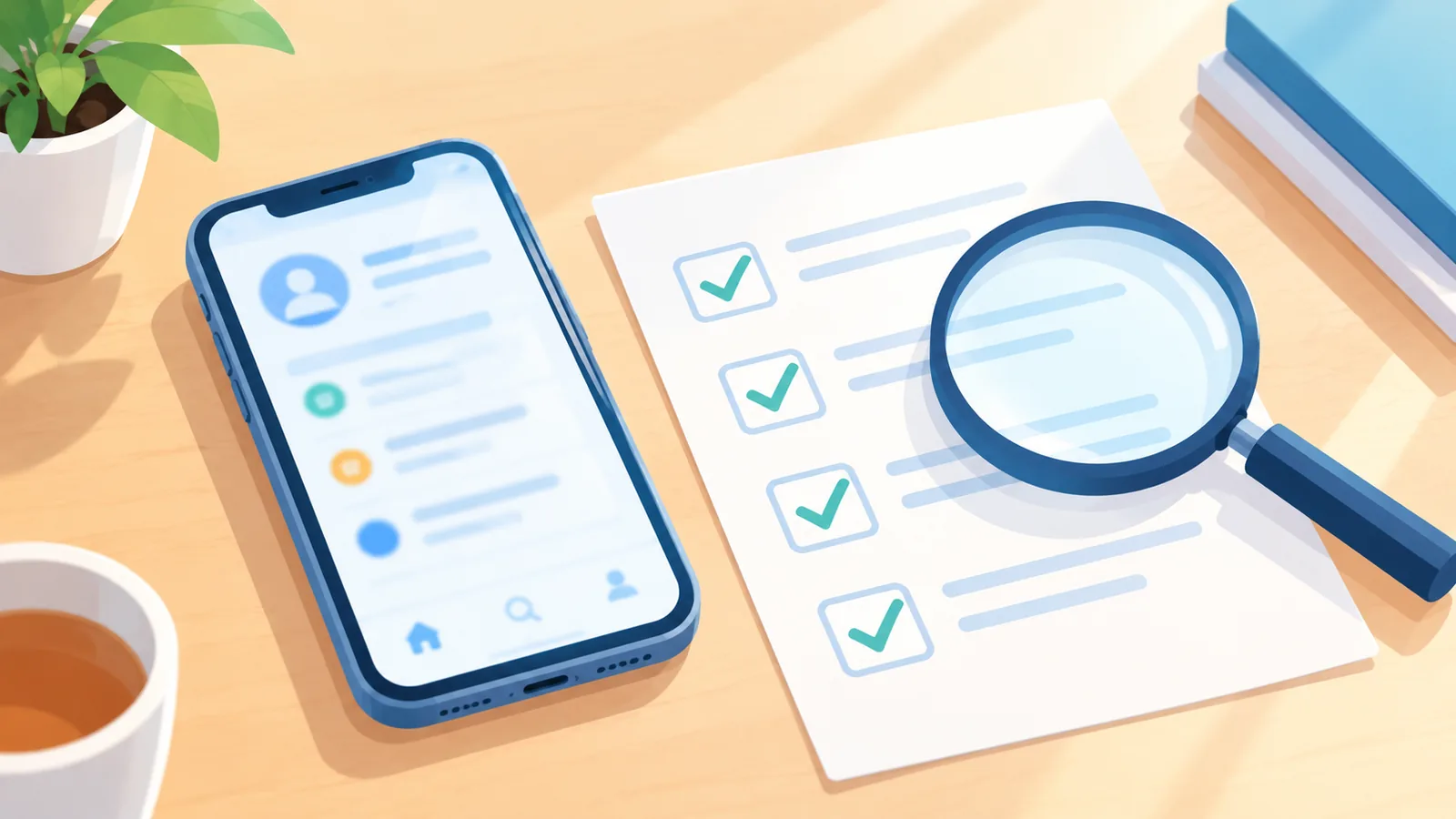 Smartphone di meja menampilkan daftar periksa saat memilih platform investasi