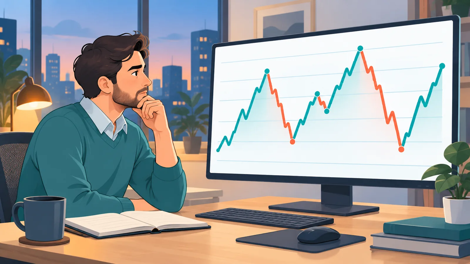 Investor meninjau grafik pasar yang bergejolak dengan raut berpikir