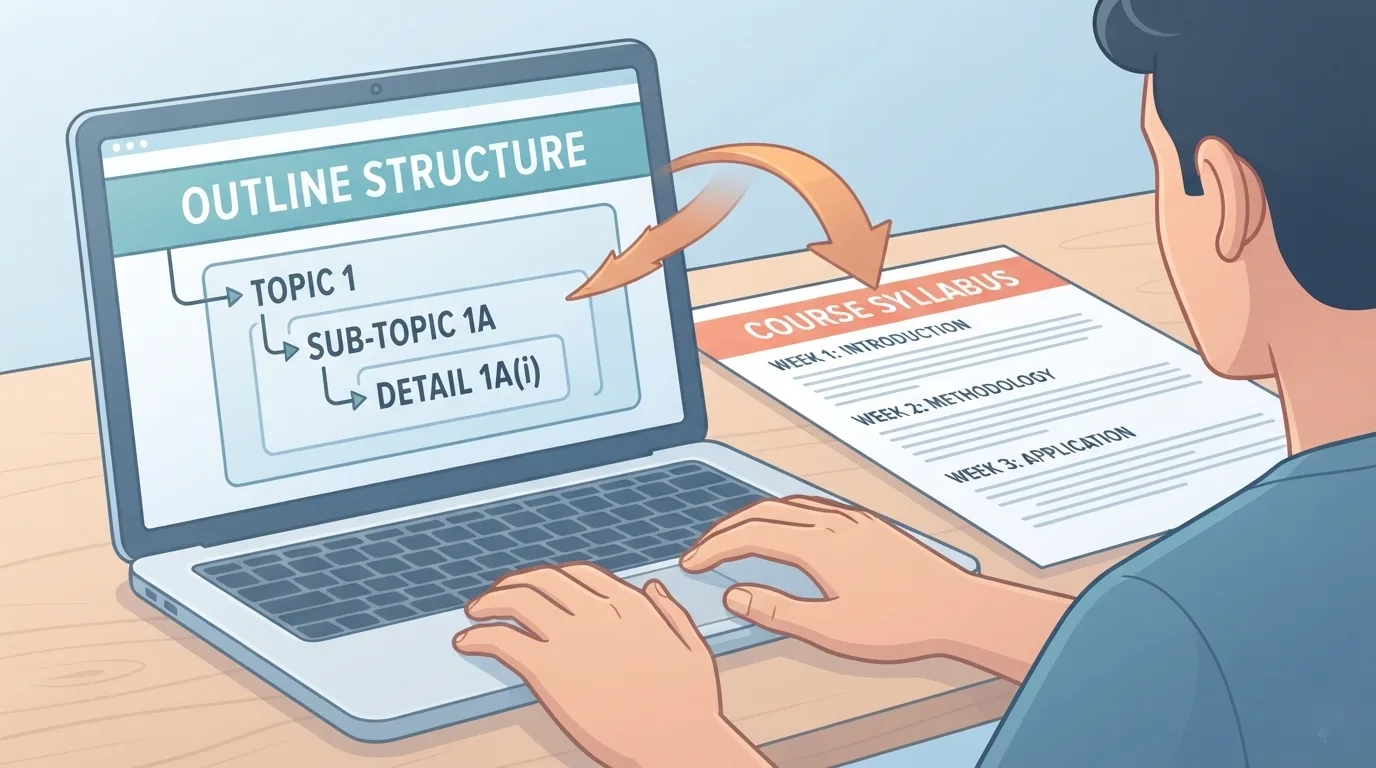 Layar laptop menampilkan kerangka outline bertingkat