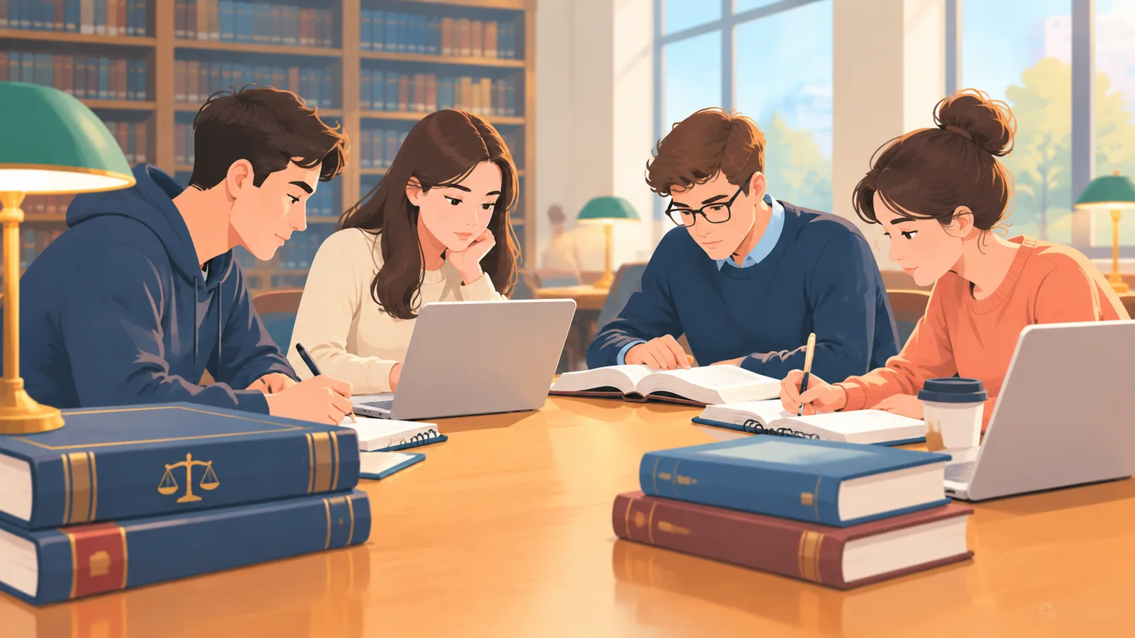 Mahasiswa hukum belajar bersama di perpustakaan kampus dengan buku dan laptop