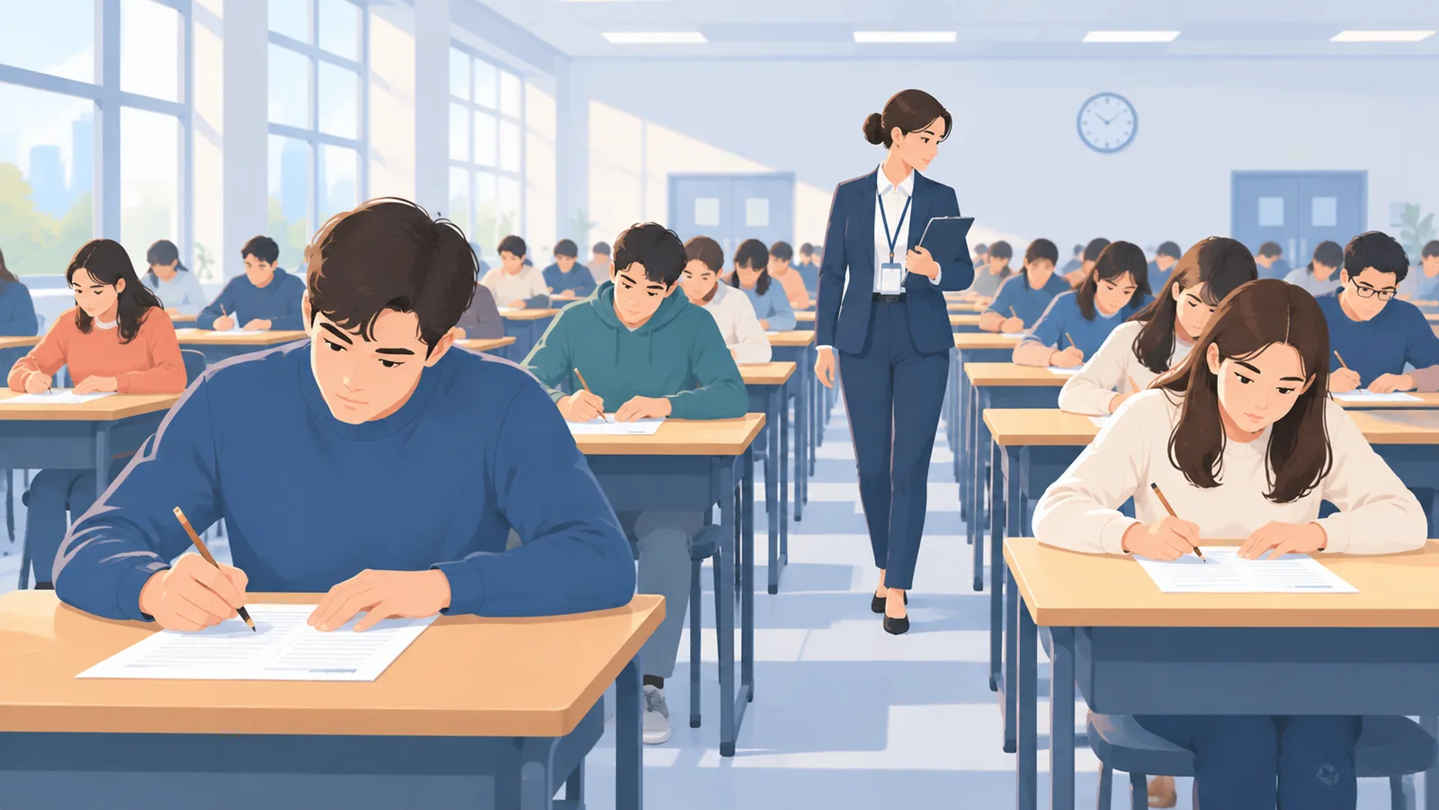 Peserta ujian tertulis duduk rapi di aula dengan lembar soal di atas meja