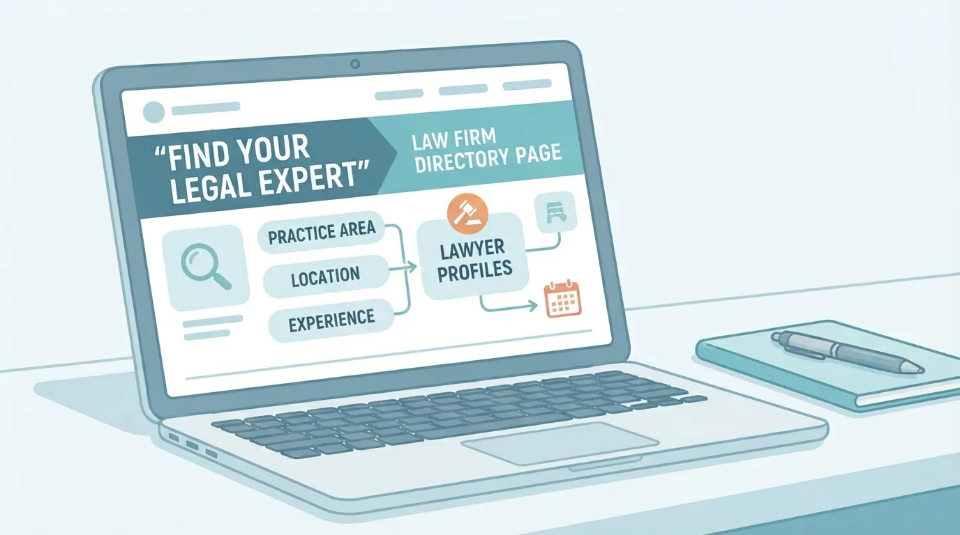 Laptop menampilkan halaman direktori firma hukum