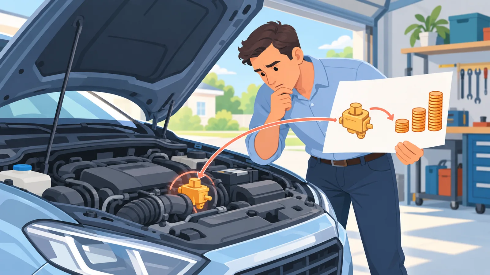Pria memeriksa mesin mobil sambil memegang perkiraan biaya perbaikan